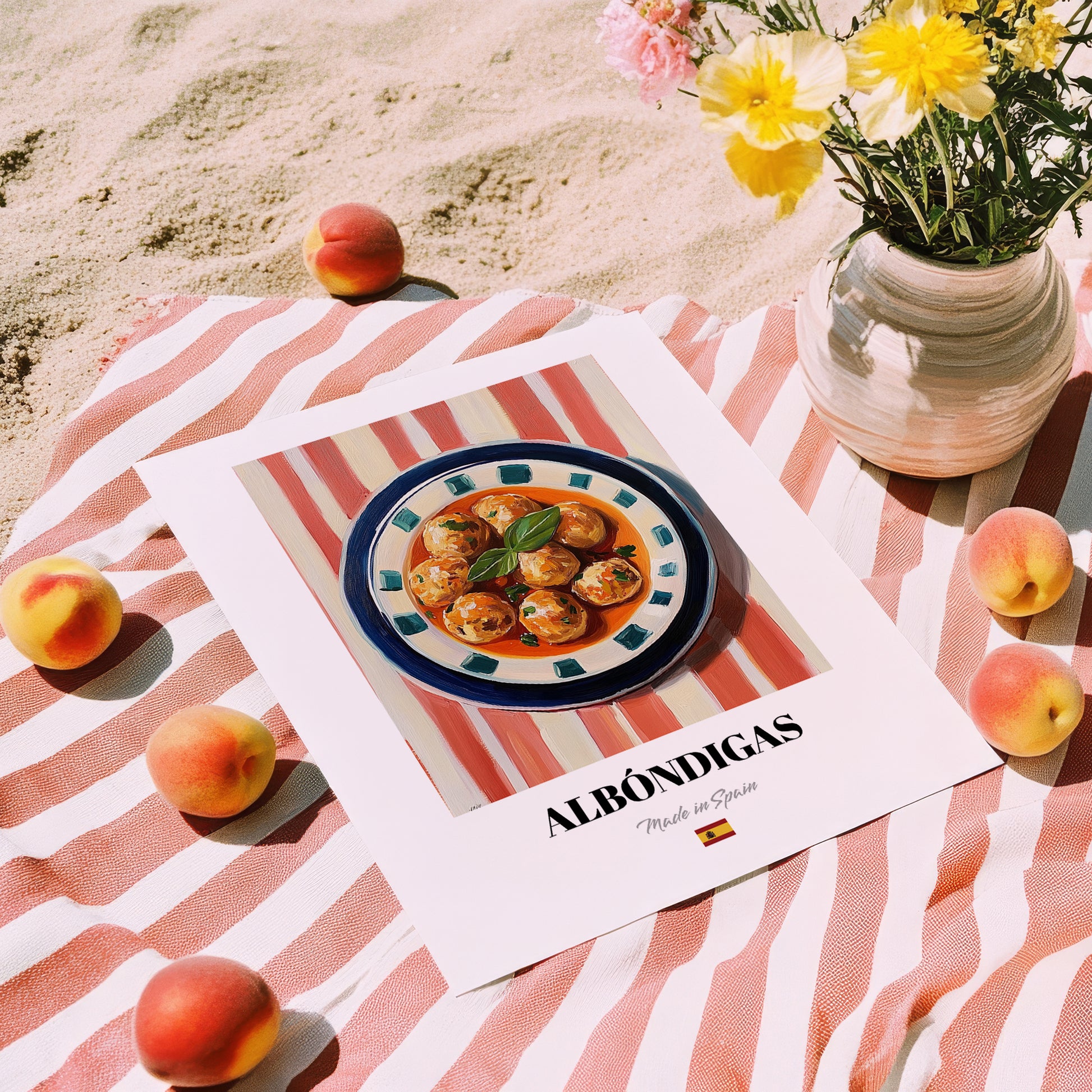 Albóndigas – on Striped Tablecloth, Spanish Food Wall Decor, unframed on coastal sand