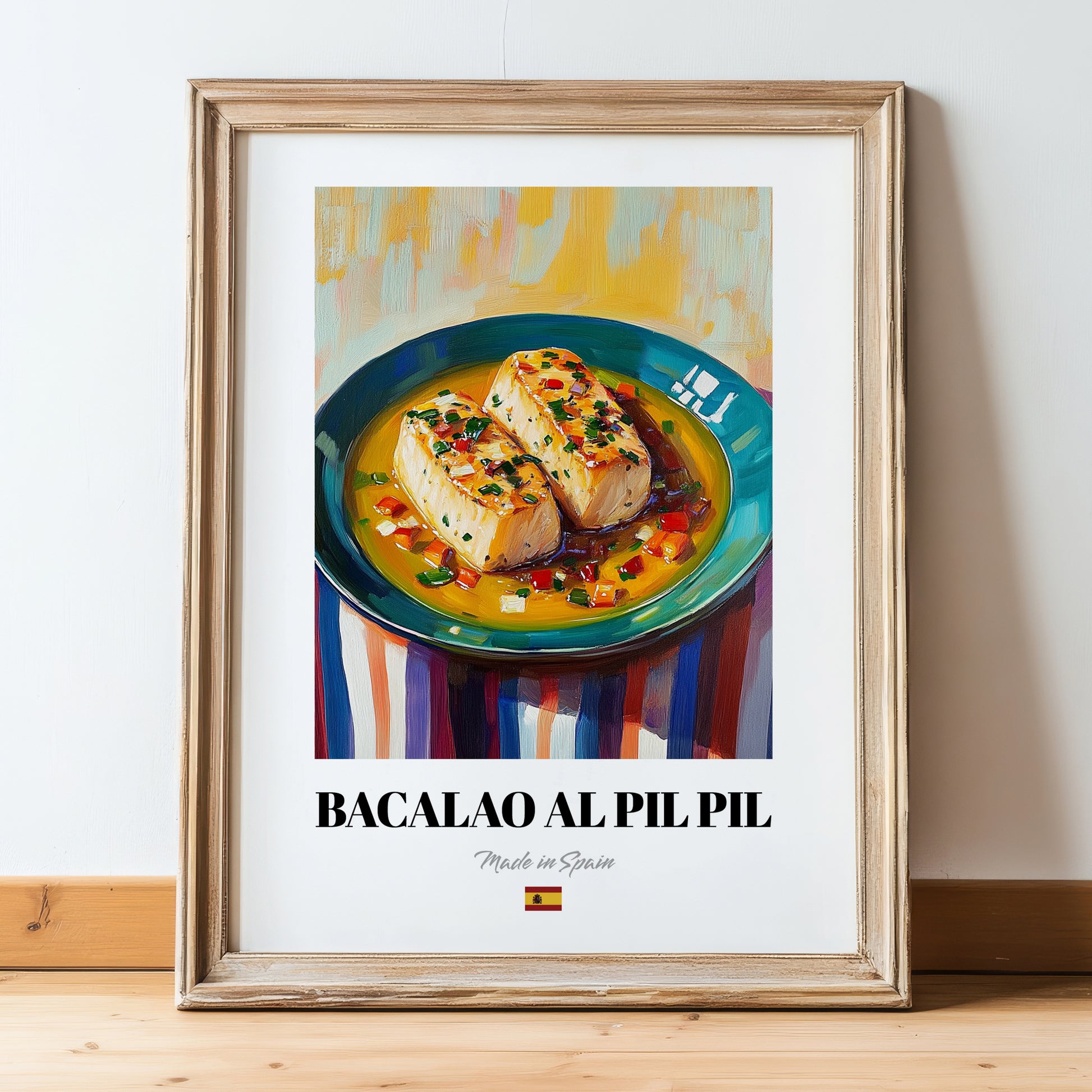 Bacalao al Pil Pil – Oil Painting, Spanish Food Poster, in wooden frame leaning on the floor