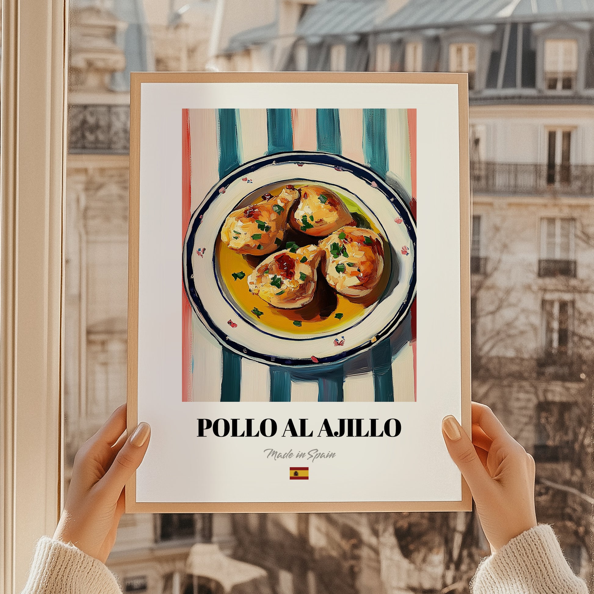 Pollo al Ajillo – on Striped Tablecloth, Spanish Food Wall Art, styled in a charming Paris street view