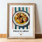 Pollo al Ajillo – on Striped Tablecloth, Spanish Food Wall Art, in wooden frame leaning on the floor