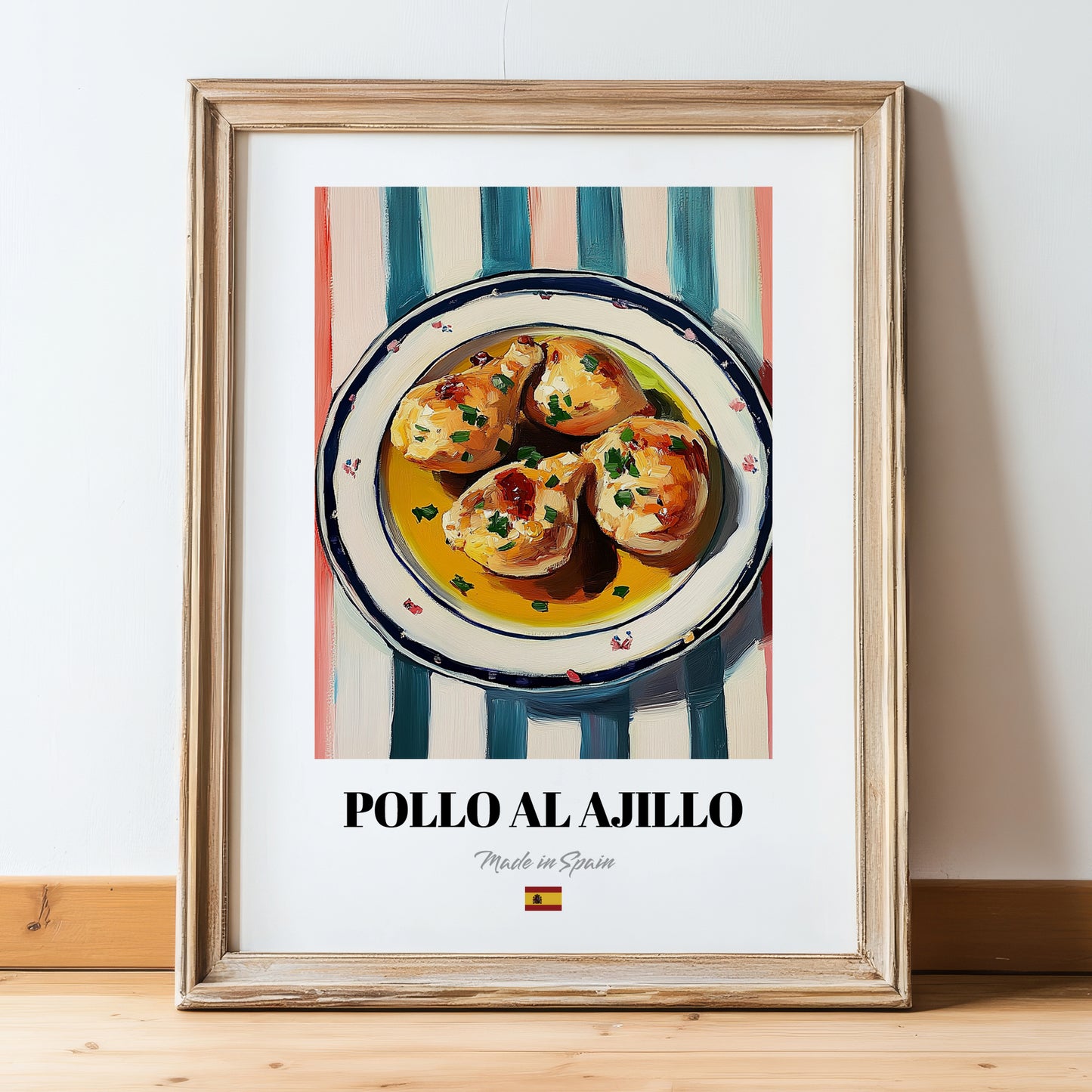 Pollo al Ajillo – on Striped Tablecloth, Spanish Food Wall Art, in wooden frame leaning on the floor