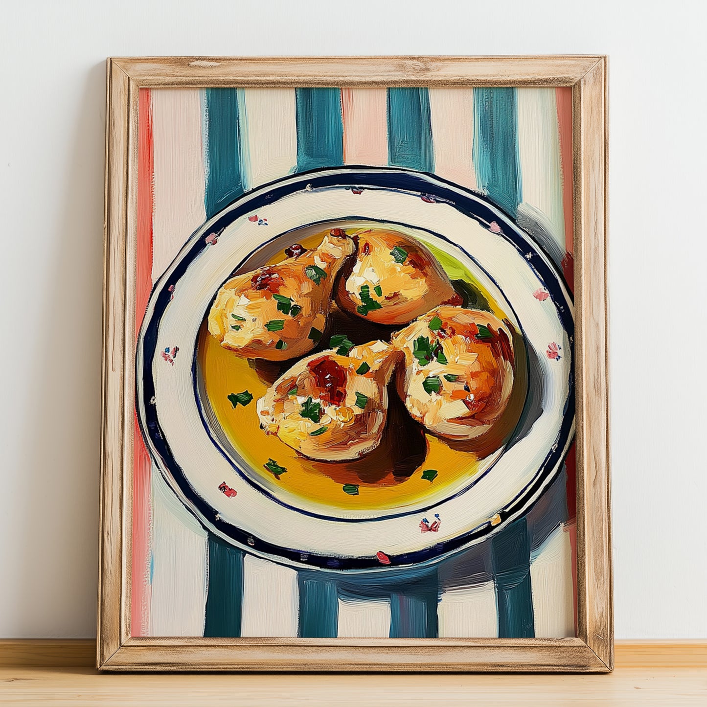 Pollo al Ajillo – on Striped Tablecloth, Spanish Food Wall Art, no-text version framed in wood