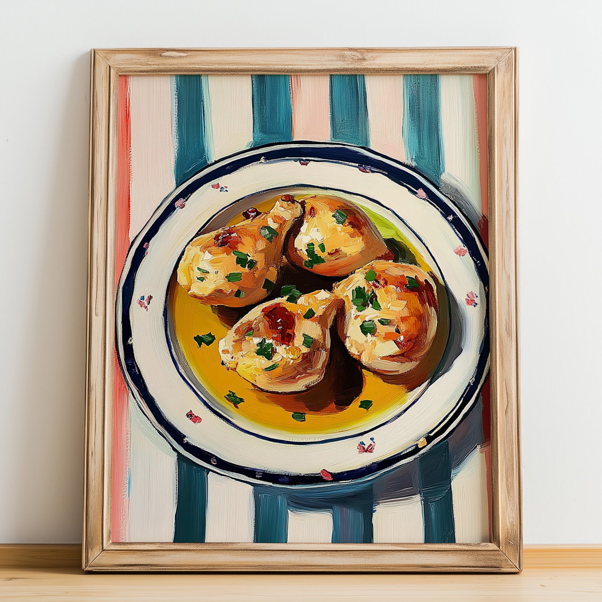 Pollo al Ajillo – on Striped Tablecloth, Spanish Food Wall Art, no-text version framed in wood
