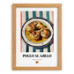 Pollo al Ajillo – on Striped Tablecloth, Spanish Food Wall Art, set in oak frame