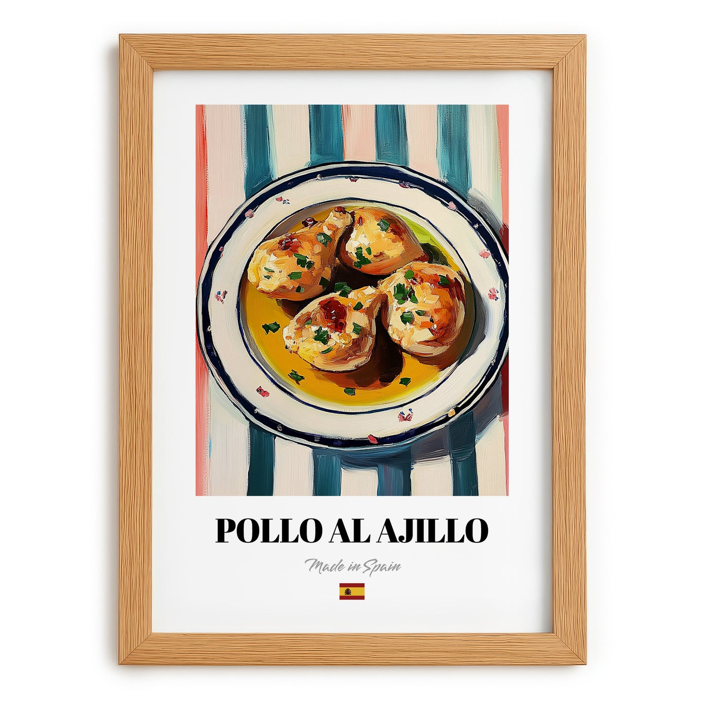 Pollo al Ajillo – on Striped Tablecloth, Spanish Food Wall Art, set in oak frame