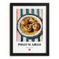 Pollo al Ajillo – on Striped Tablecloth, Spanish Food Wall Art, in sleek black frame