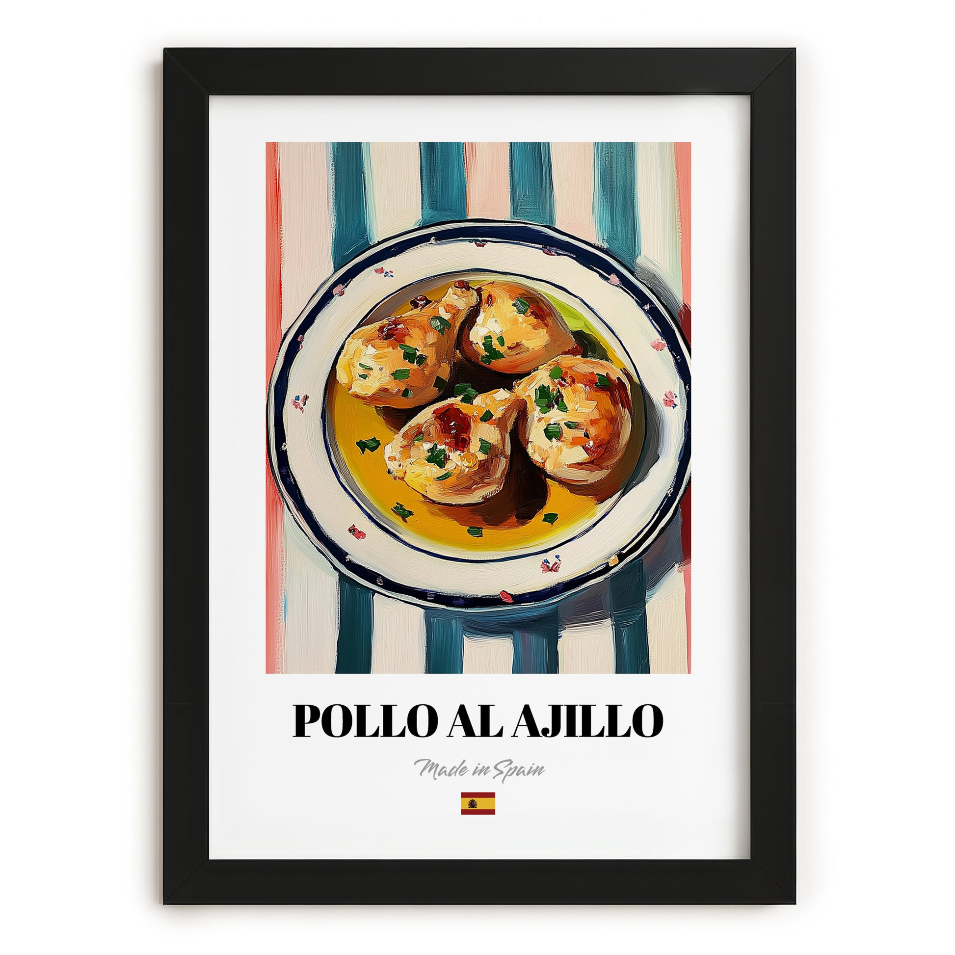 Pollo al Ajillo – on Striped Tablecloth, Spanish Food Wall Art, in sleek black frame