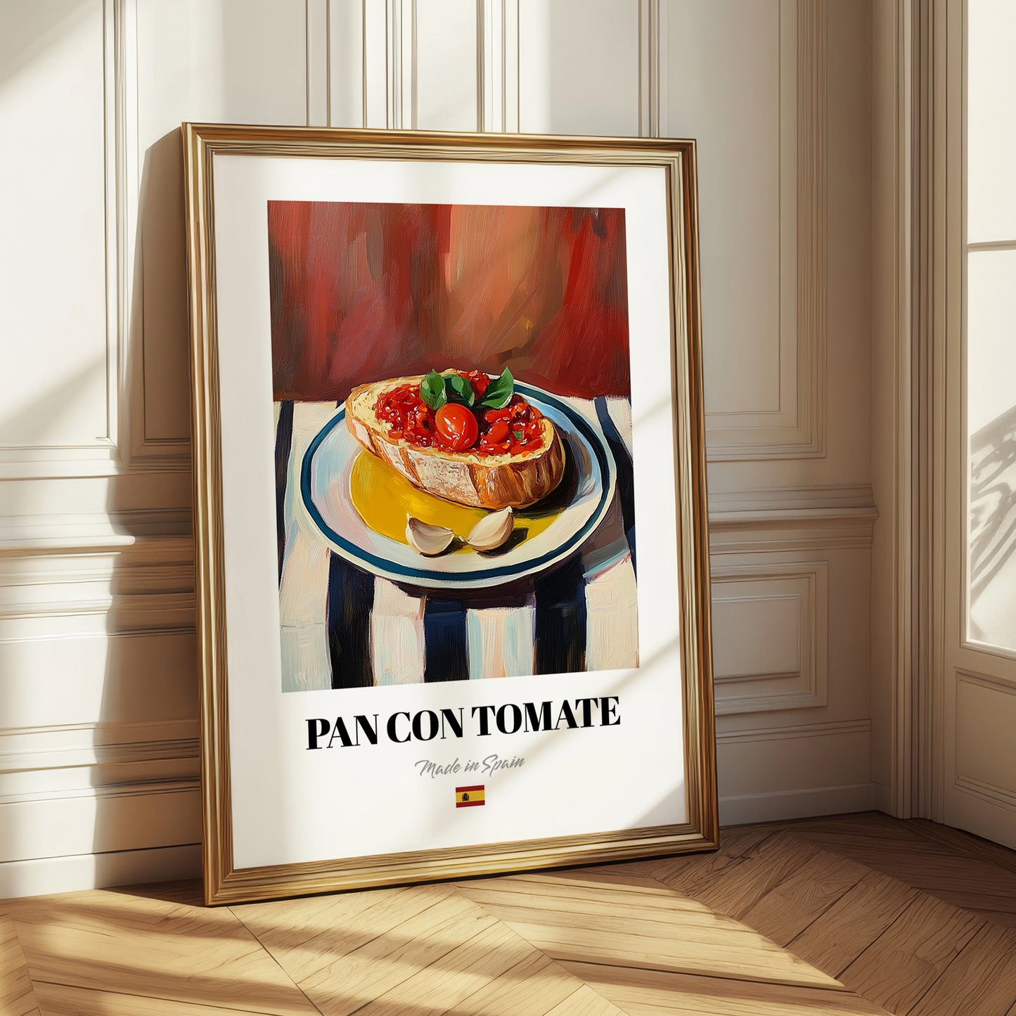 Pan con Tomate – on Striped Tablecloth, Spanish Food Illustration