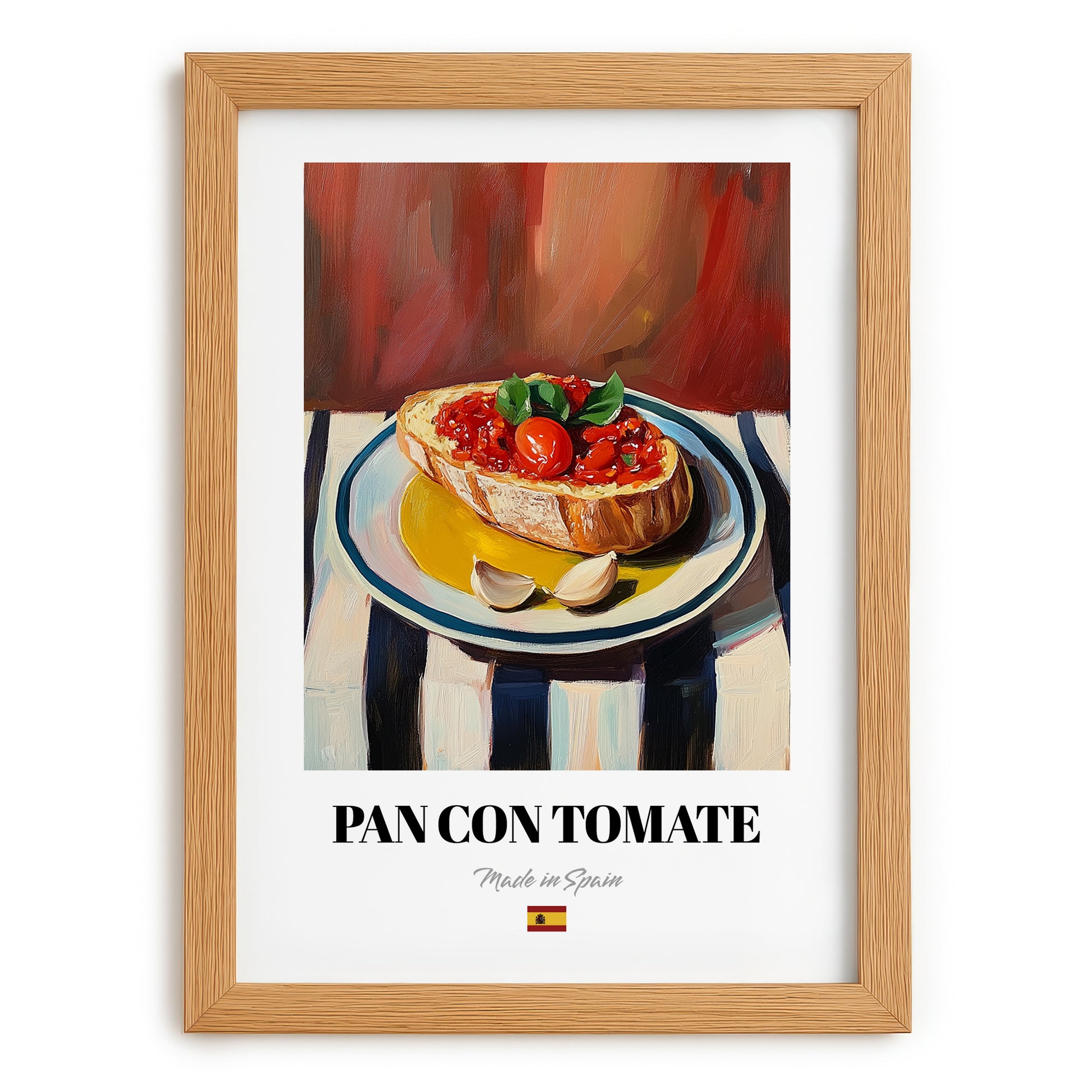 Pan con Tomate – on Striped Tablecloth, Spanish Food Illustration, set in oak frame