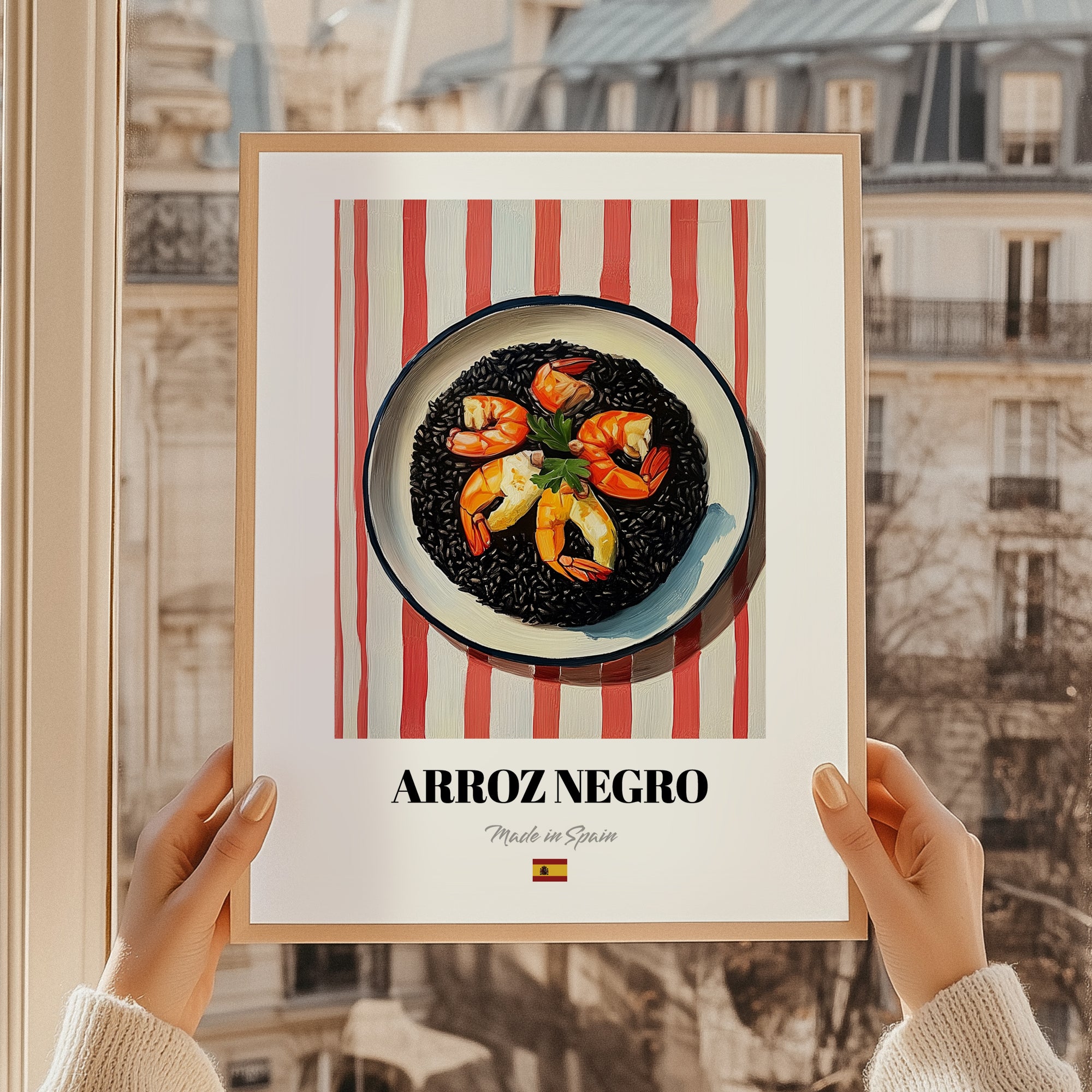 Arroz Negro – on Striped Tablecloth, Spanish Food Print, styled in a charming Paris street view