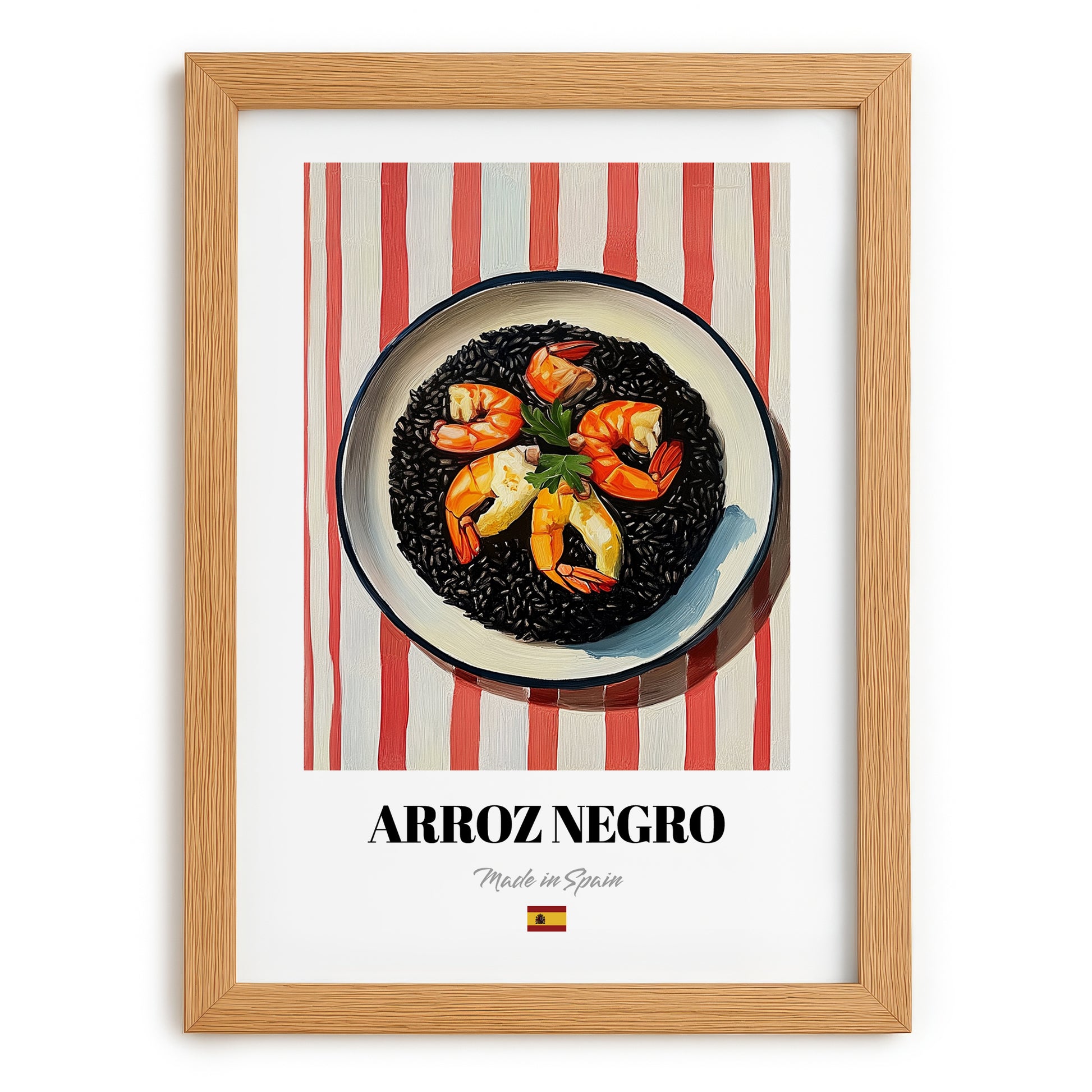 Arroz Negro – on Striped Tablecloth, Spanish Food Print, set in oak frame