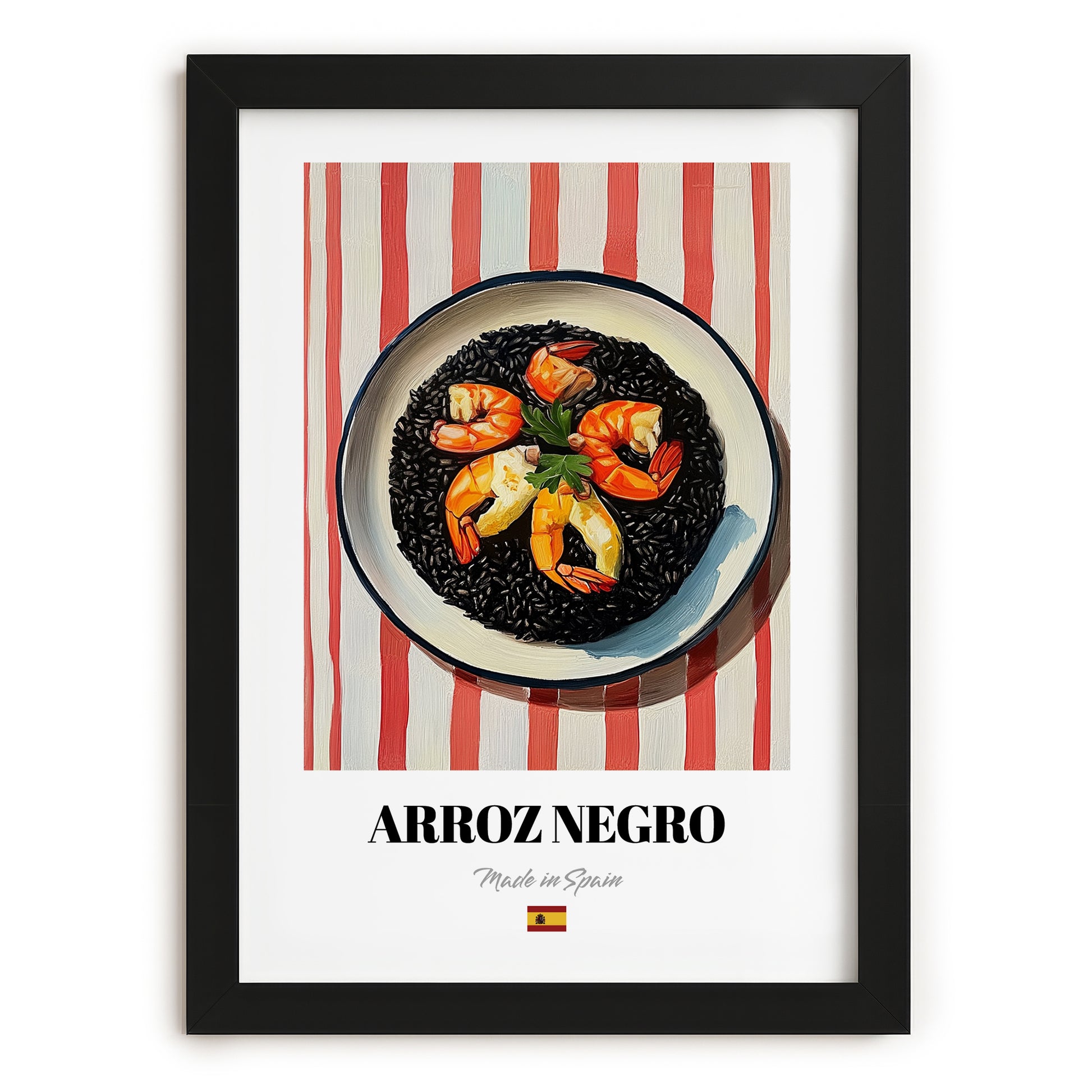 Arroz Negro – on Striped Tablecloth, Spanish Food Print, in sleek black frame