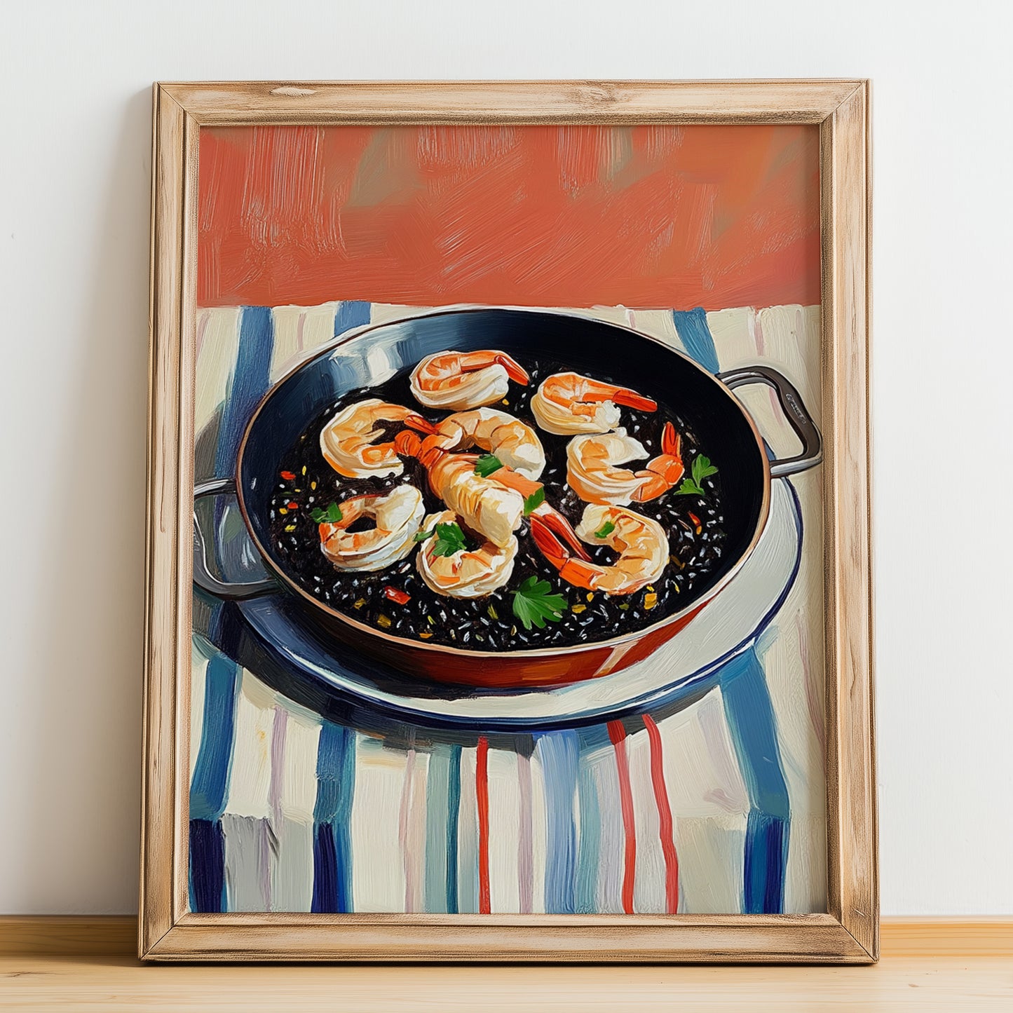 Arroz Negro – Oil Painting, Spanish Food Still Life, no-text version framed in wood