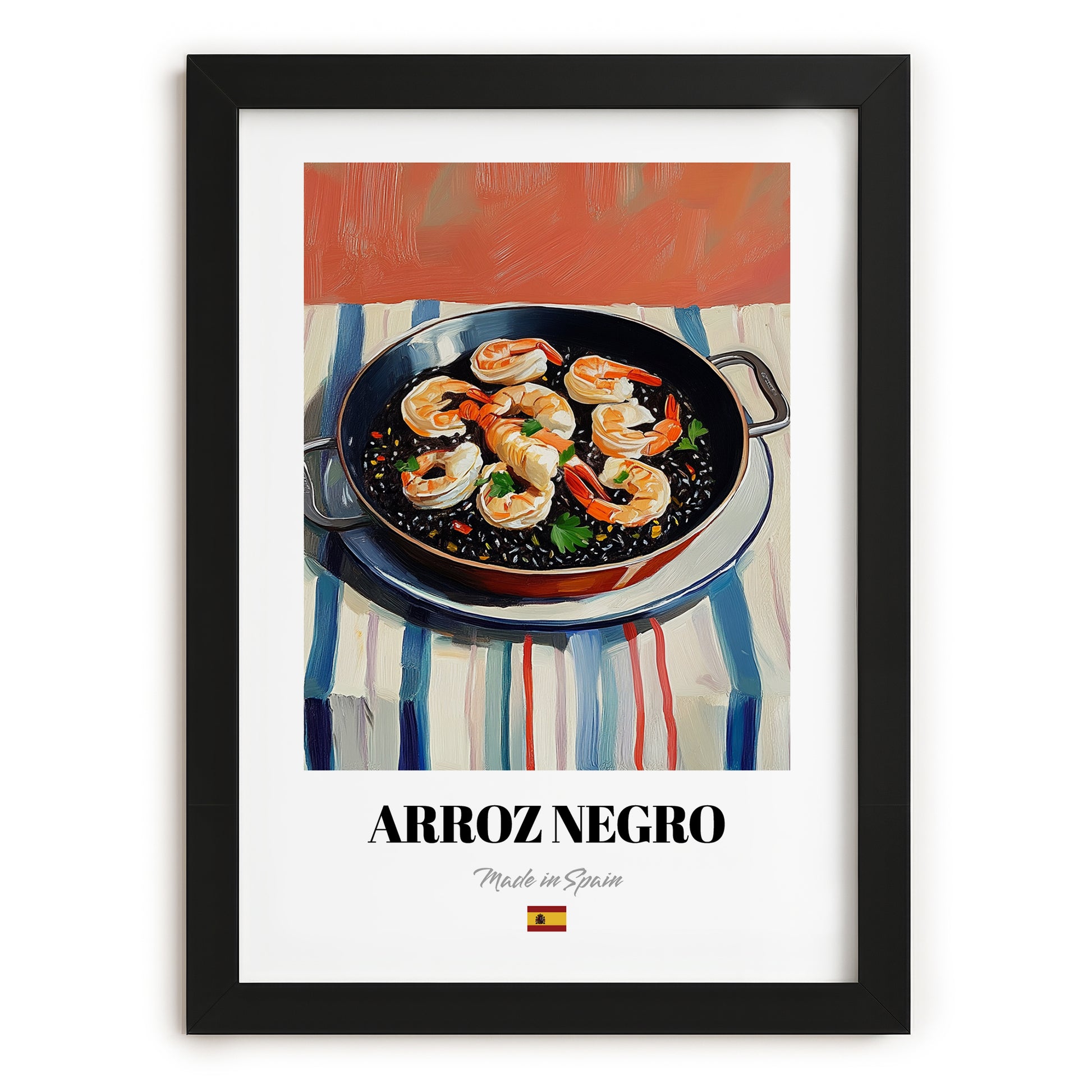 Arroz Negro – Oil Painting, Spanish Food Still Life, in sleek black frame