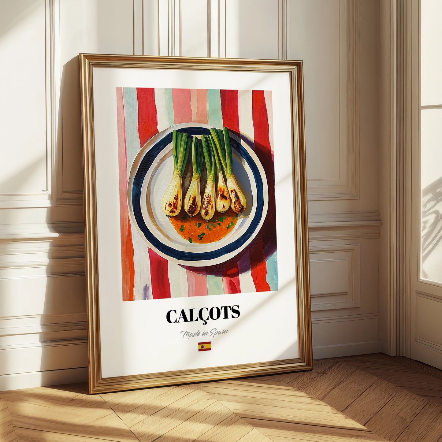 Calçots – on Striped Tablecloth, Spanish Food Still Life