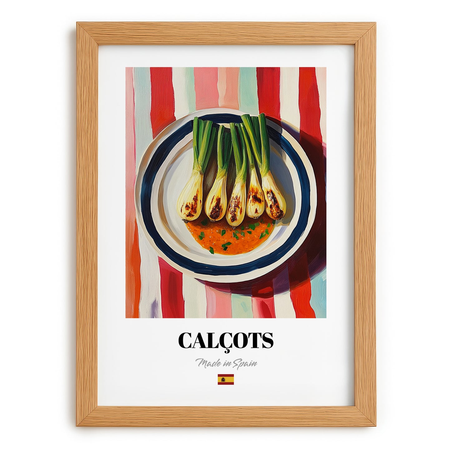 Calçots – on Striped Tablecloth, Spanish Food Still Life, set in oak frame