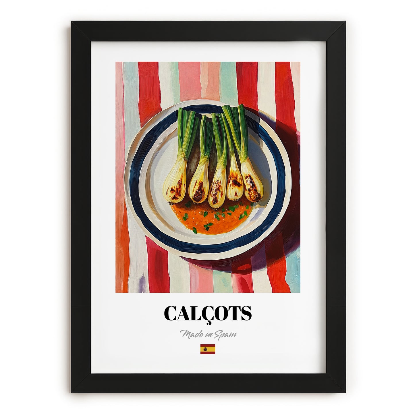 Calçots – on Striped Tablecloth, Spanish Food Still Life, in sleek black frame