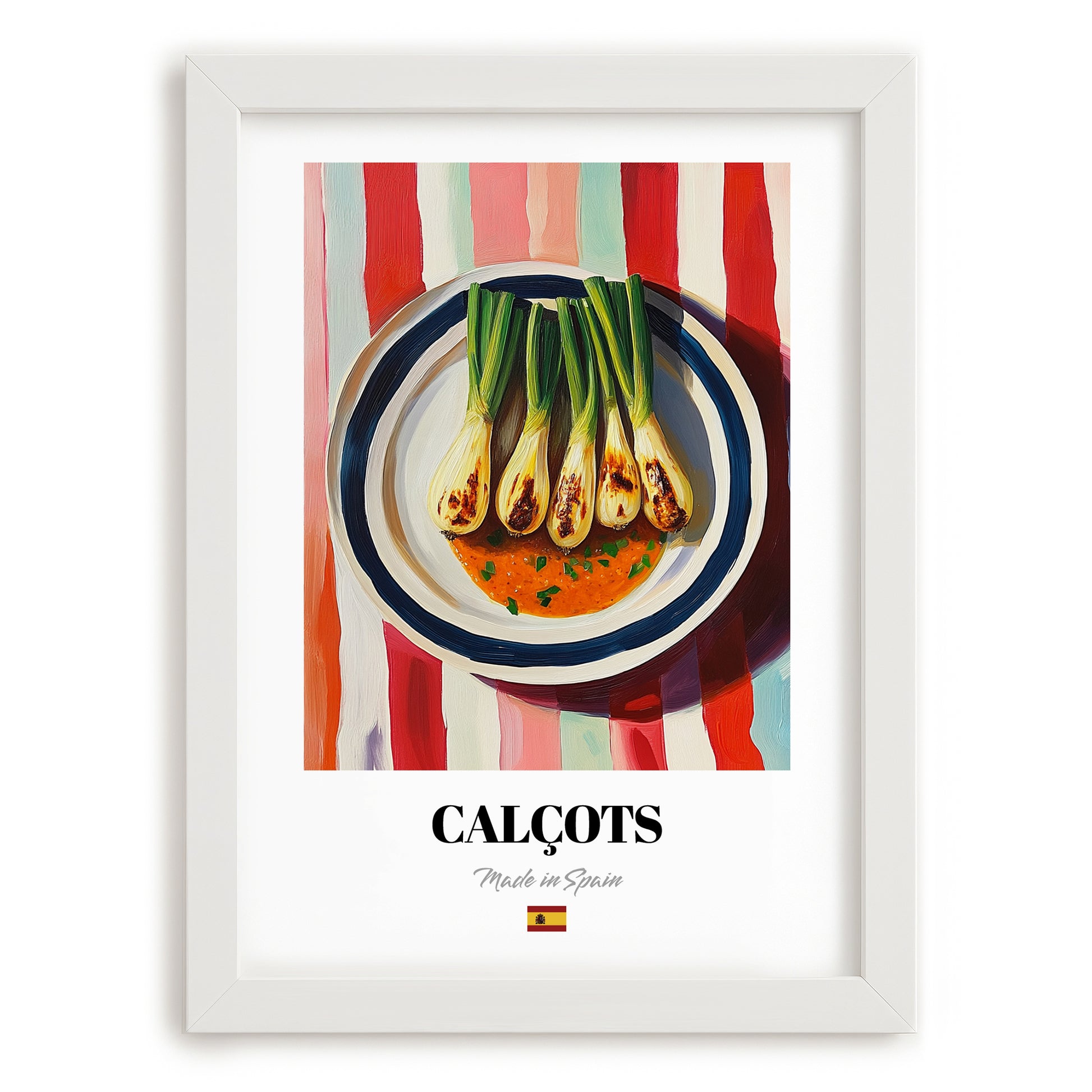 Calçots – on Striped Tablecloth, Spanish Food Still Life, placed in minimal white frame