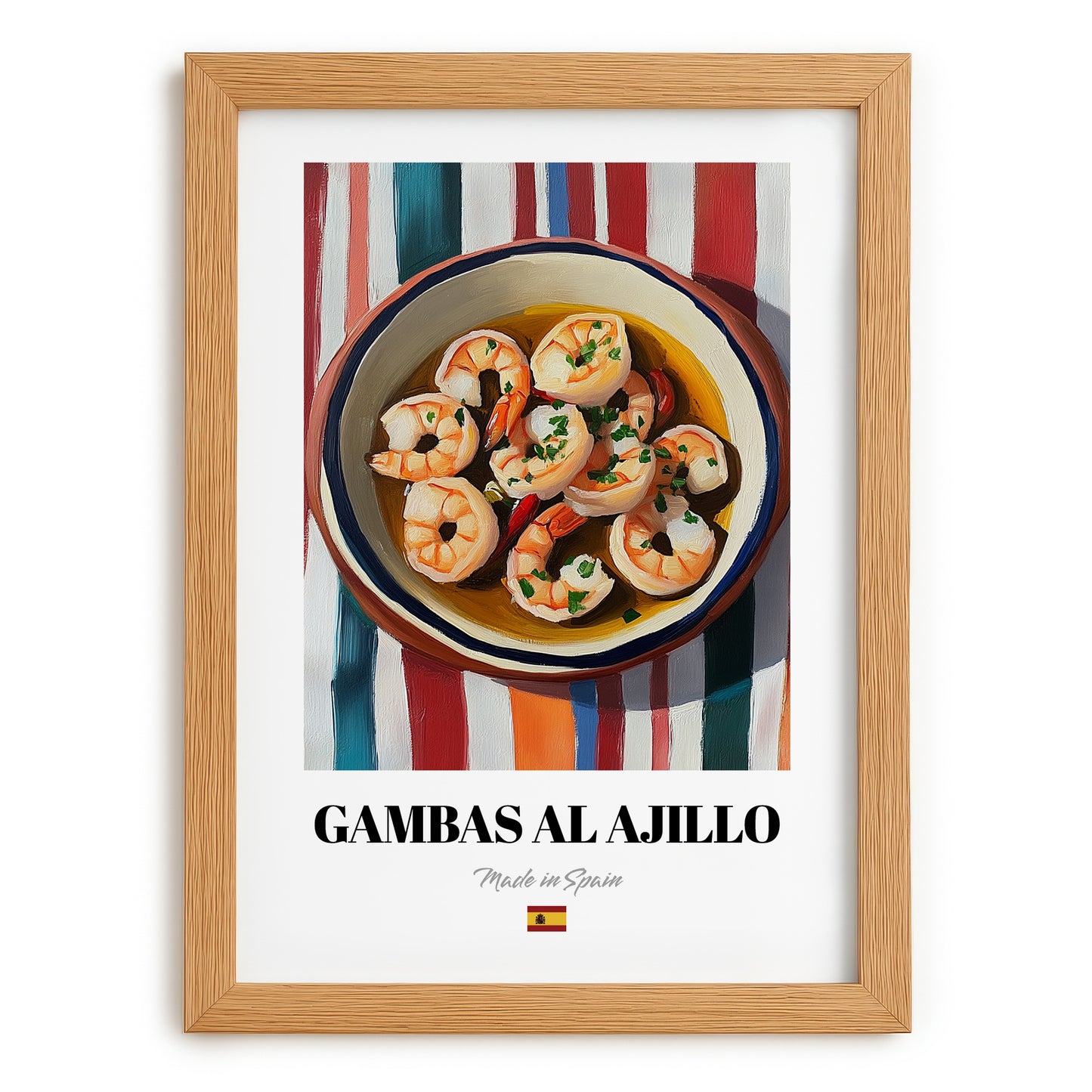 Gambas al Ajillo – on Striped Tablecloth, Spanish Food Print, set in oak frame