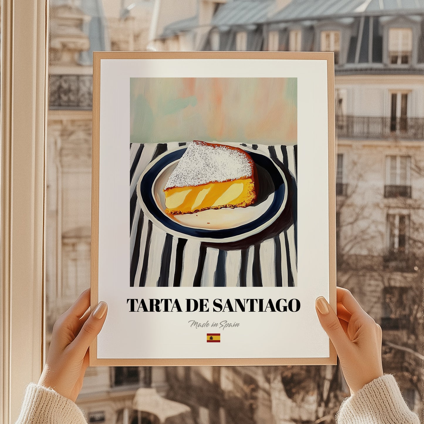 Tarta de Santiago – on Striped Tablecloth, Spanish Dessert Illustration, styled in a charming Paris street view