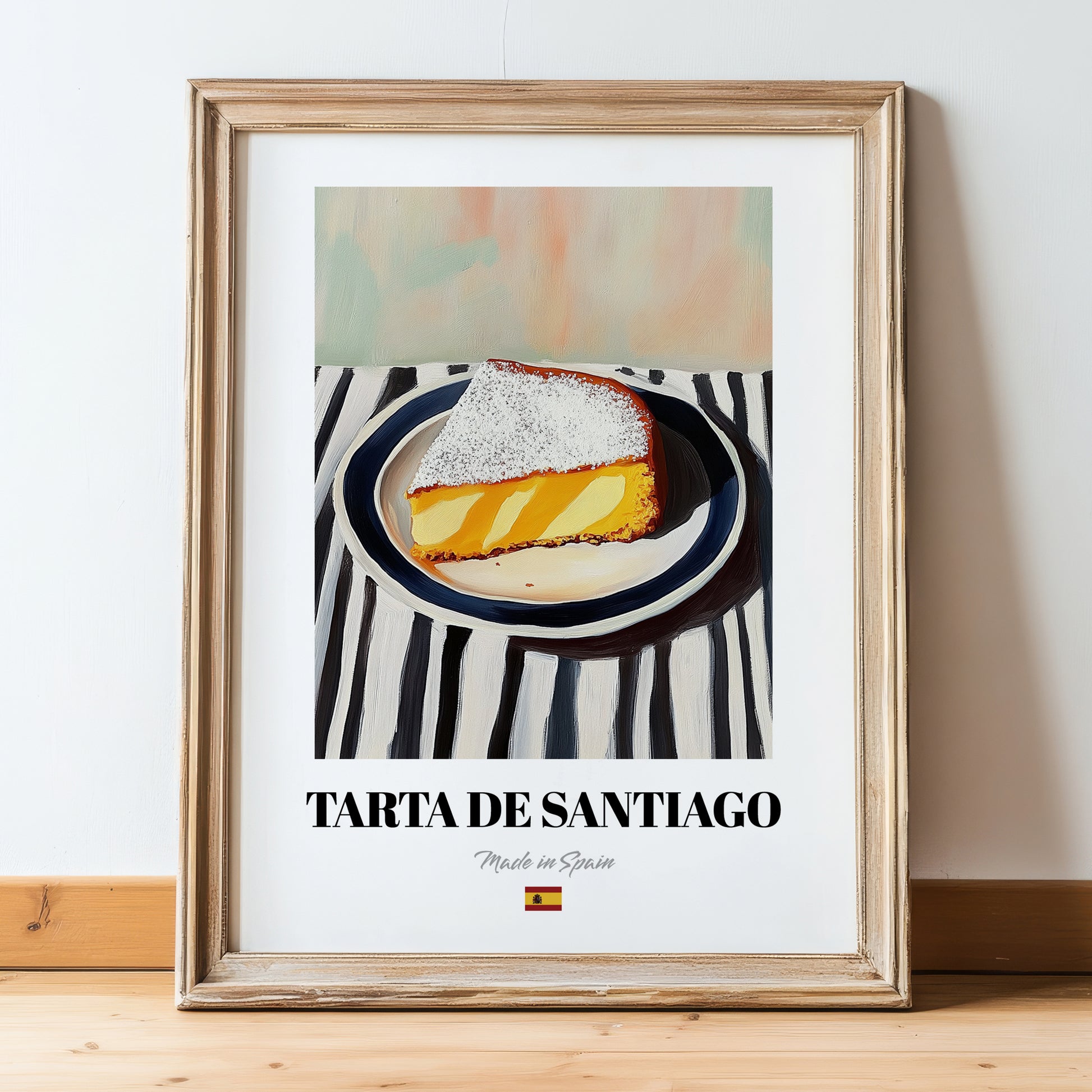 Tarta de Santiago – on Striped Tablecloth, Spanish Dessert Illustration, in wooden frame leaning on the floor