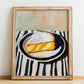 Tarta de Santiago – on Striped Tablecloth, Spanish Dessert Illustration, no-text version framed in wood