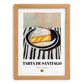 Tarta de Santiago – on Striped Tablecloth, Spanish Dessert Illustration, set in oak frame