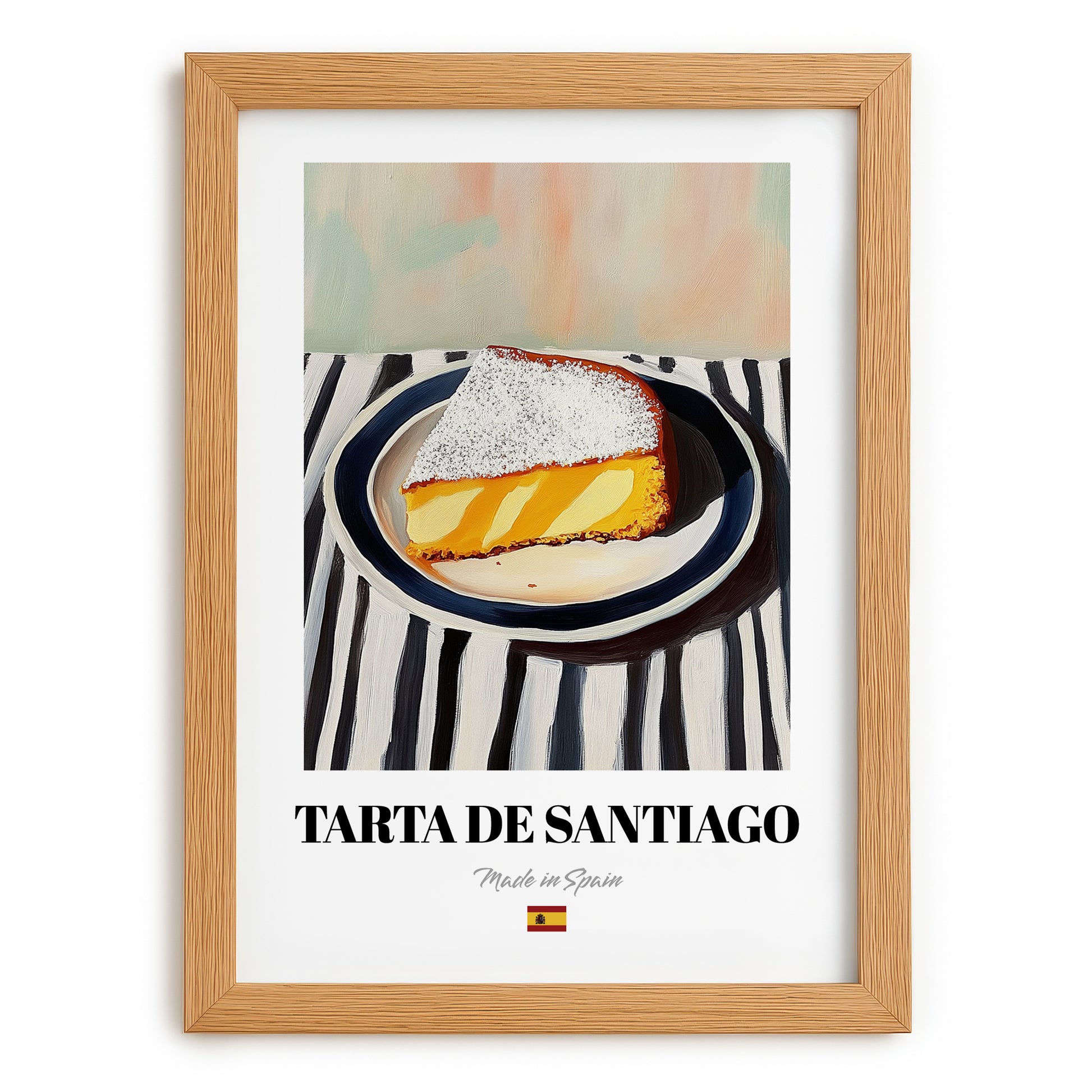 Tarta de Santiago – on Striped Tablecloth, Spanish Dessert Illustration, set in oak frame