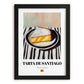Tarta de Santiago – on Striped Tablecloth, Spanish Dessert Illustration, in sleek black frame