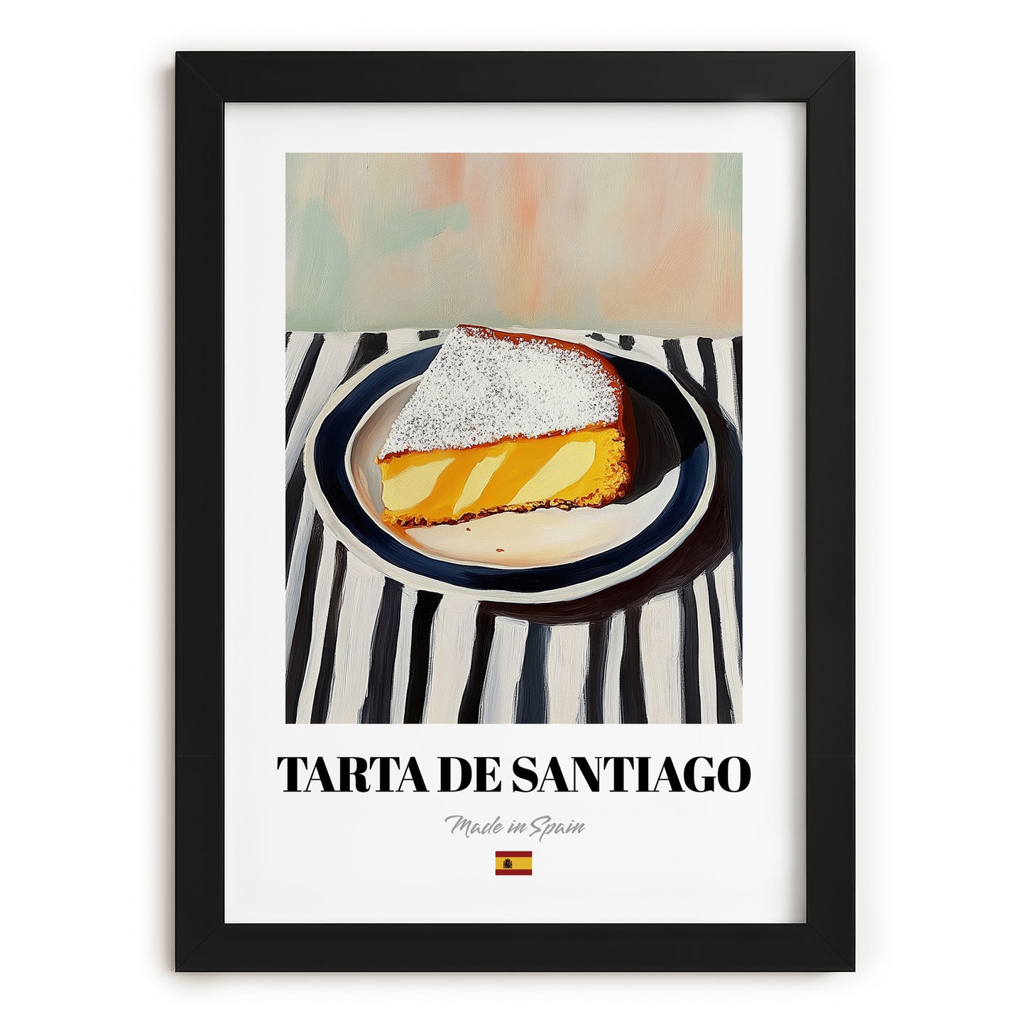 Tarta de Santiago – on Striped Tablecloth, Spanish Dessert Illustration, in sleek black frame