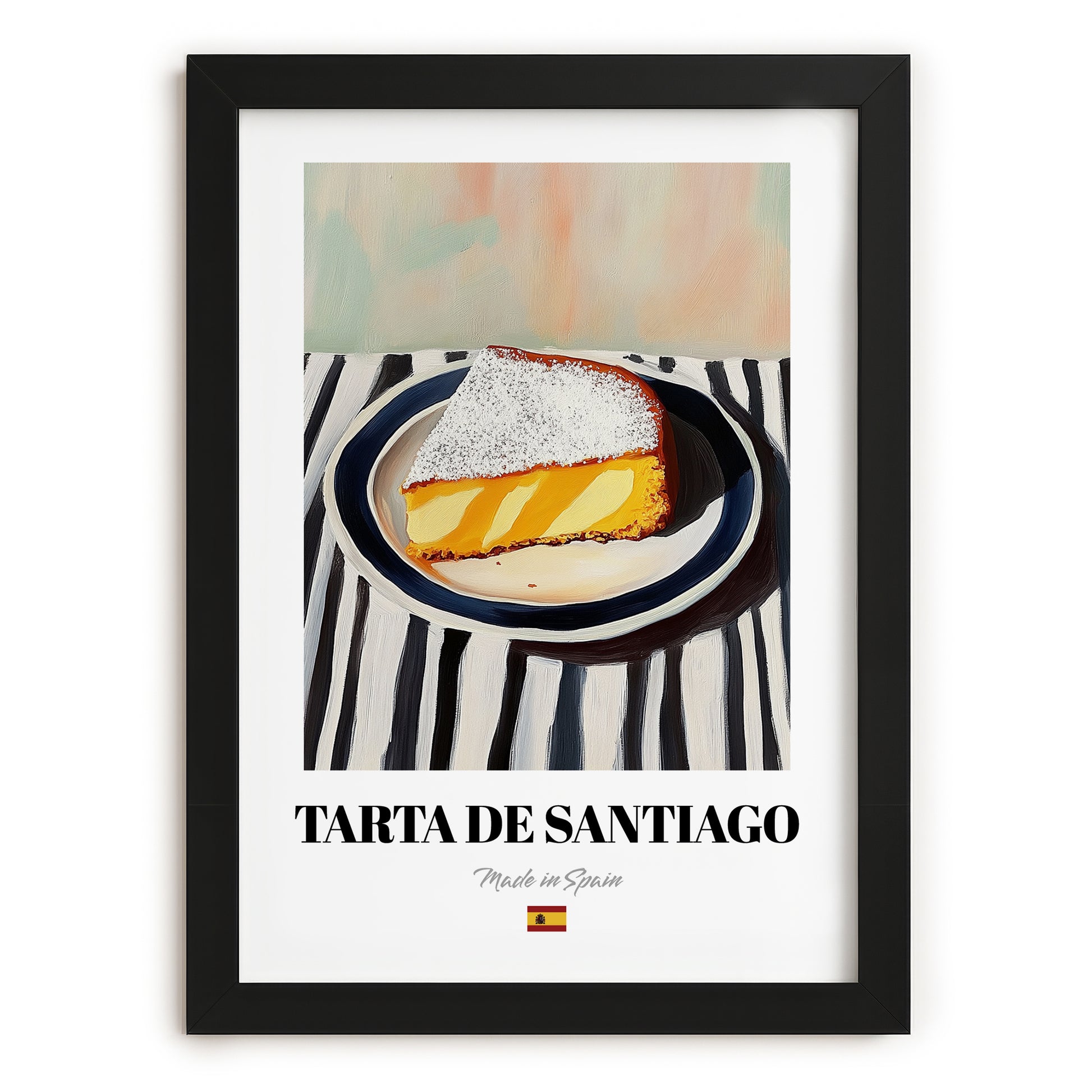 Tarta de Santiago – on Striped Tablecloth, Spanish Dessert Illustration, in sleek black frame