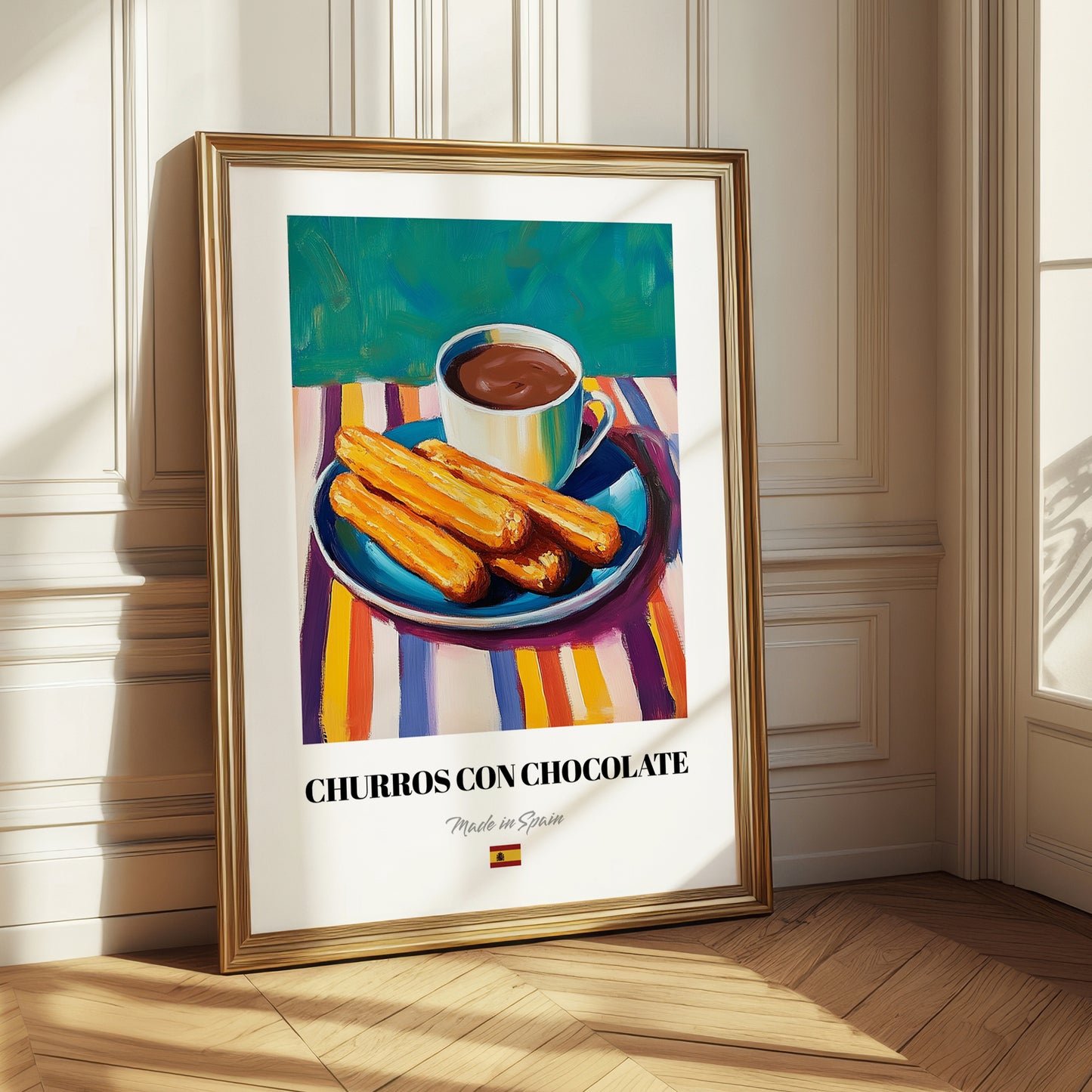 Churros con Chocolate – Colorful Oil Painting, Spanish Dessert Poster 