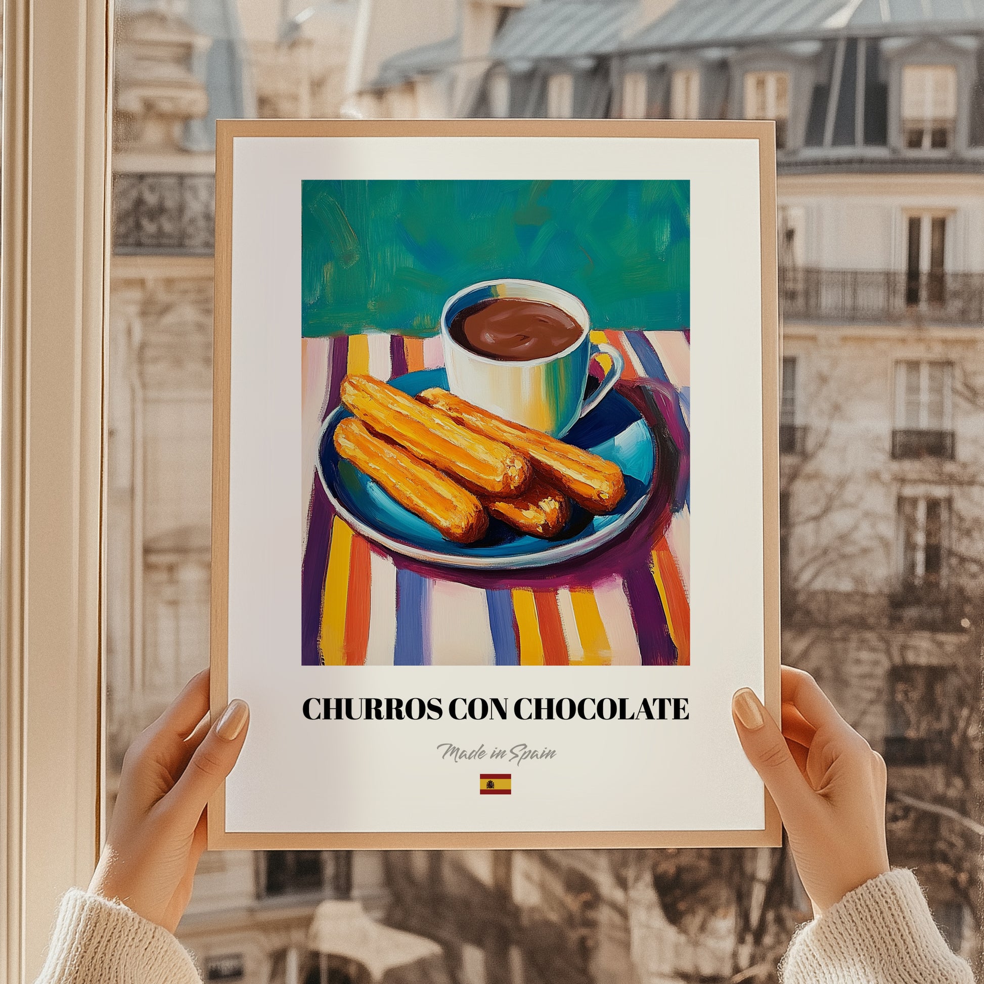 Churros con Chocolate – Colorful Oil Painting, Spanish Dessert Poster, styled in a charming Paris street view