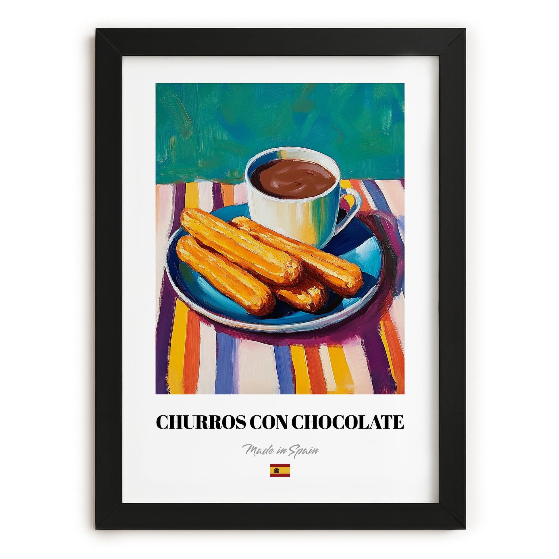Churros con Chocolate – Colorful Oil Painting, Spanish Dessert Poster, in sleek black frame