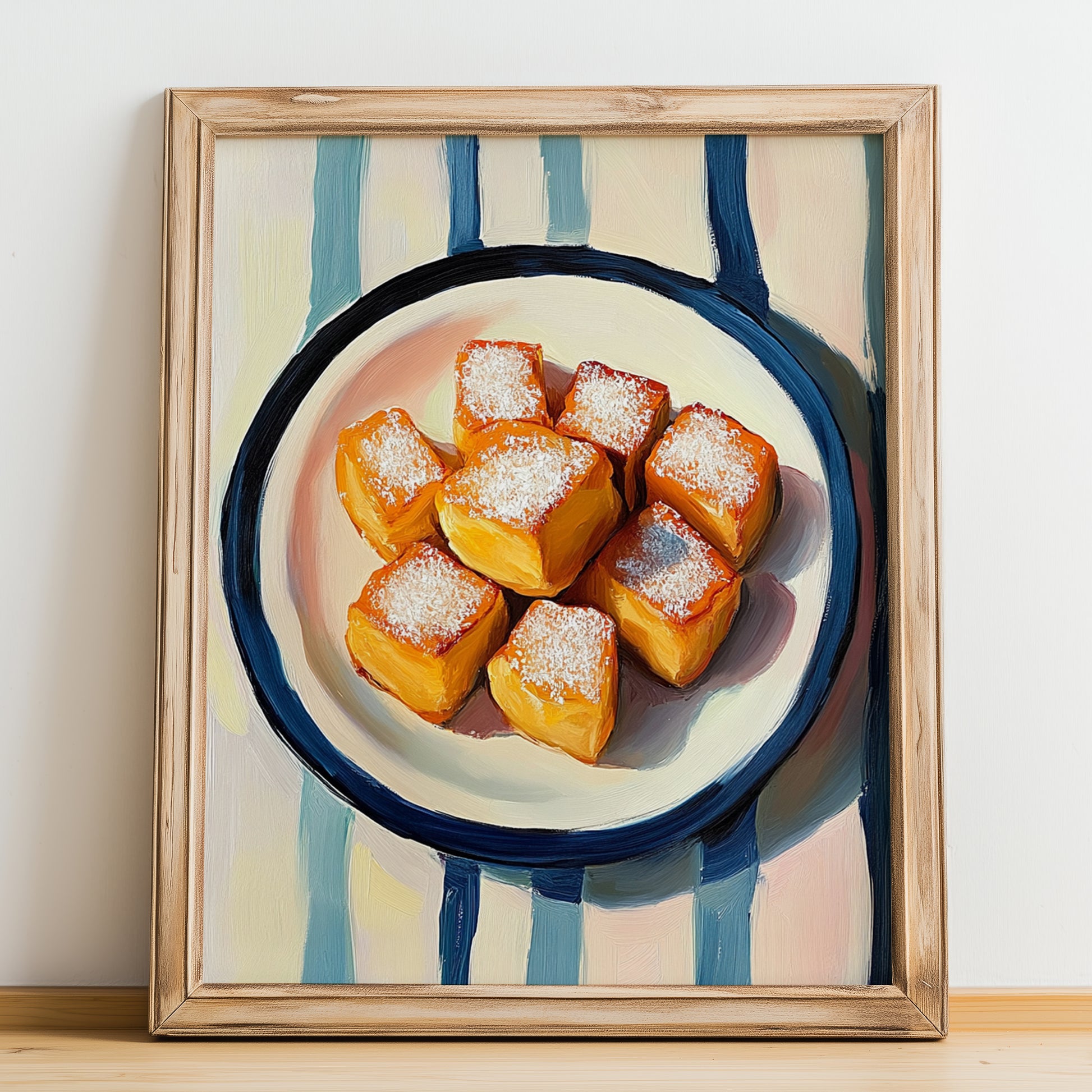 Leche Frita – on Striped Tablecloth, Spanish Dessert Wall Decor, no-text version framed in wood