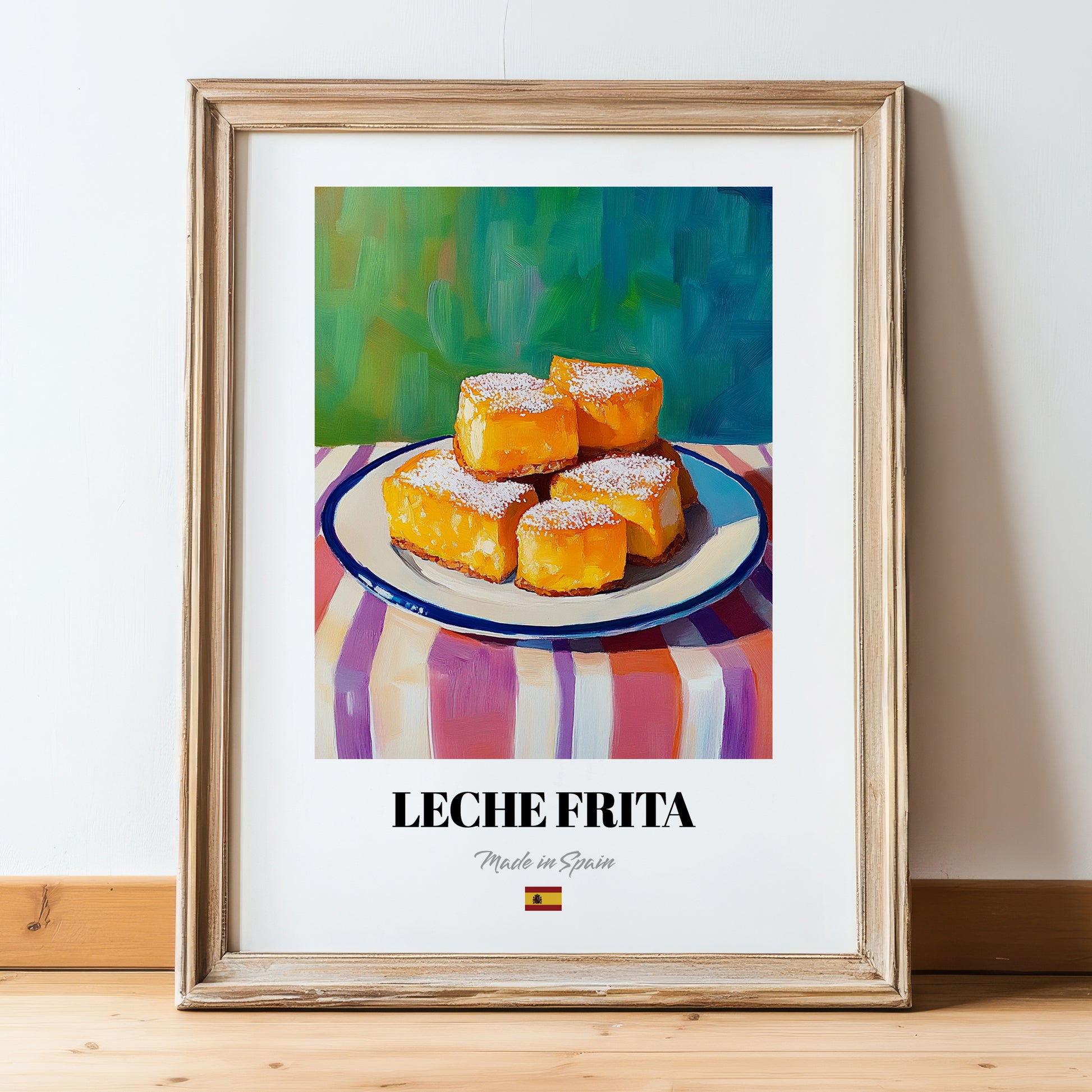 Leche Frita – Art, Spanish Dessert Illustration, in wooden frame leaning on the floor