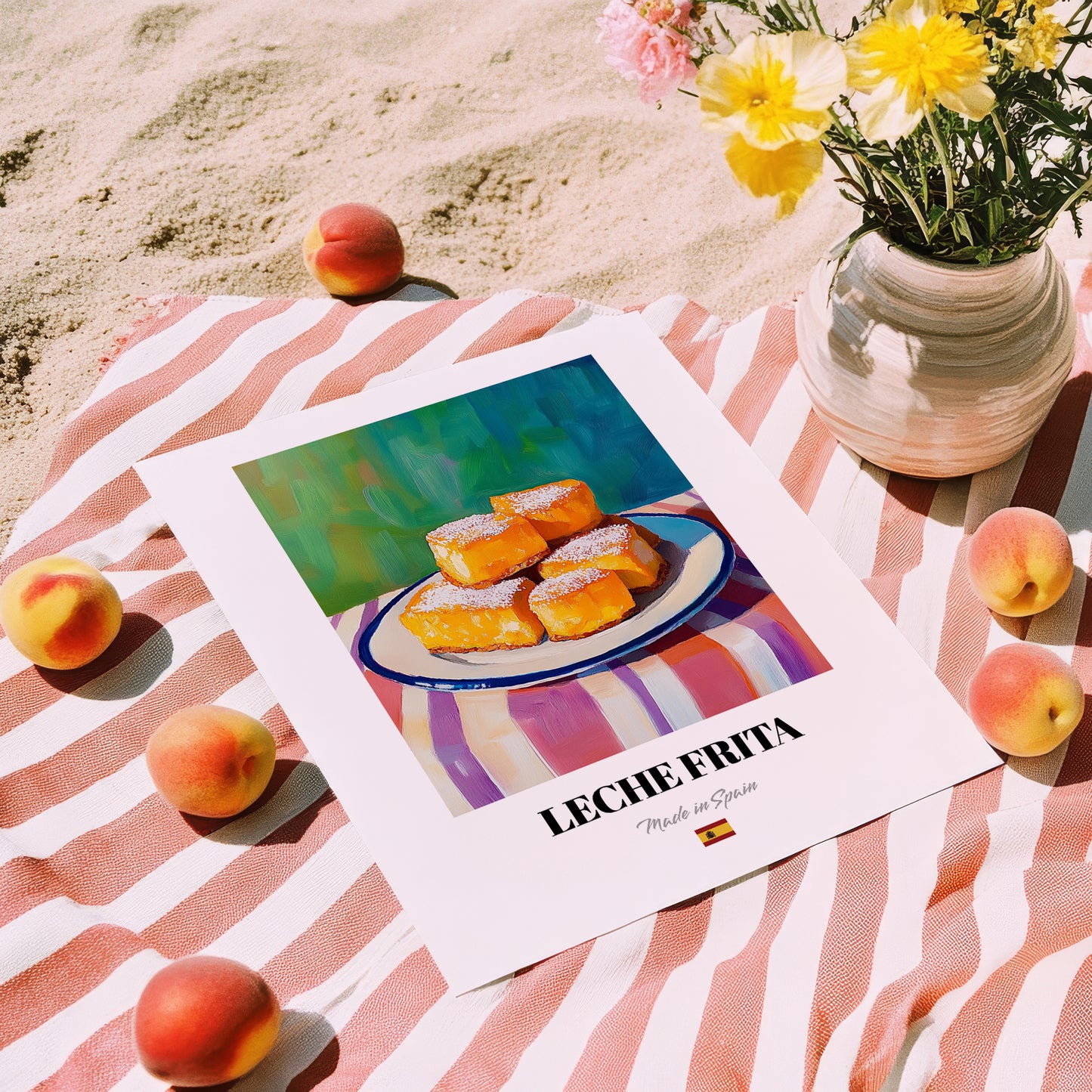 Leche Frita – Art, Spanish Dessert Illustration, unframed on coastal sand