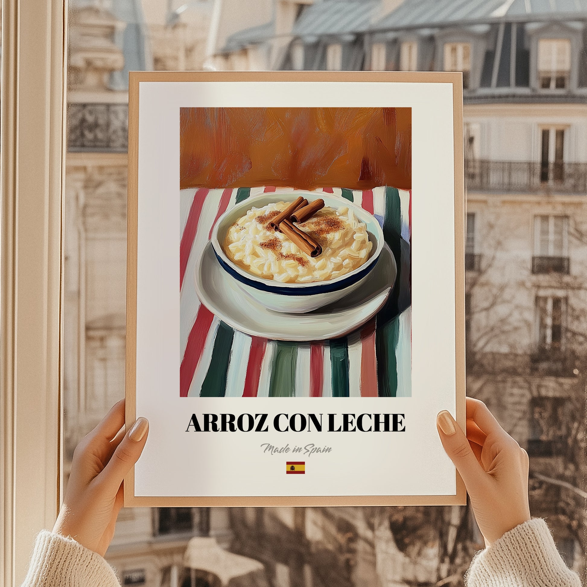 Arroz con Leche – on Striped Tablecloth, Spanish Dessert Wall Art, styled in a charming Paris street view