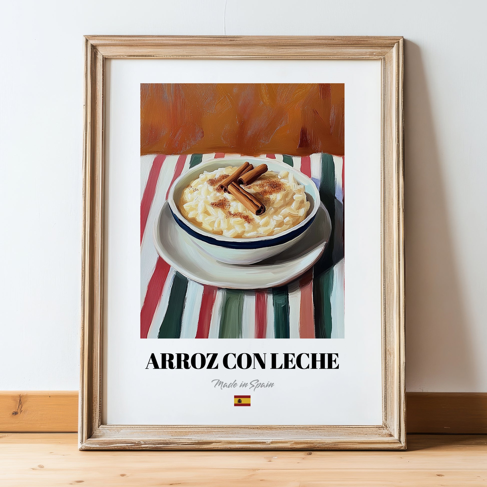 Arroz con Leche – on Striped Tablecloth, Spanish Dessert Wall Art, in wooden frame leaning on the floor
