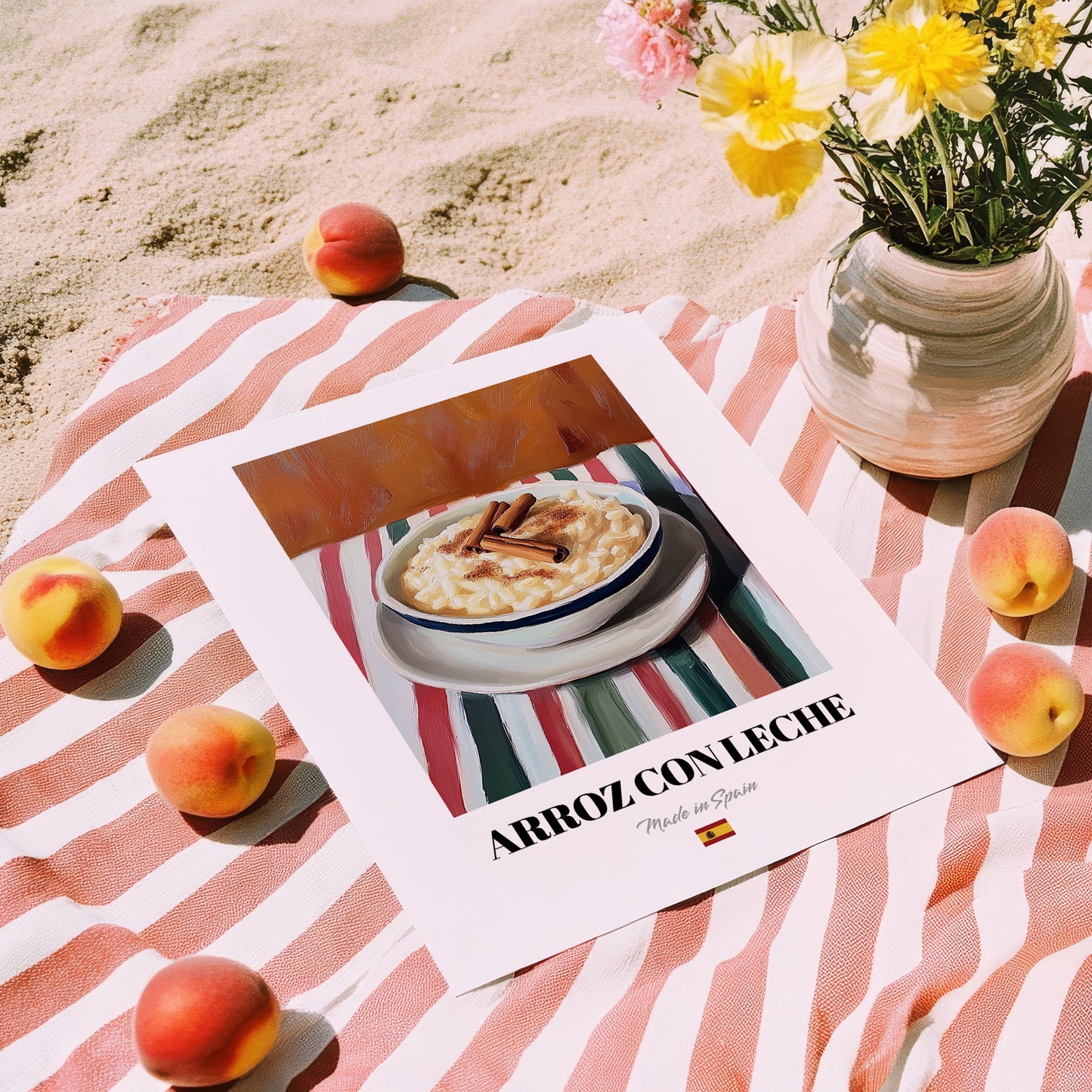 Arroz con Leche – on Striped Tablecloth, Spanish Dessert Wall Art, unframed on coastal sand