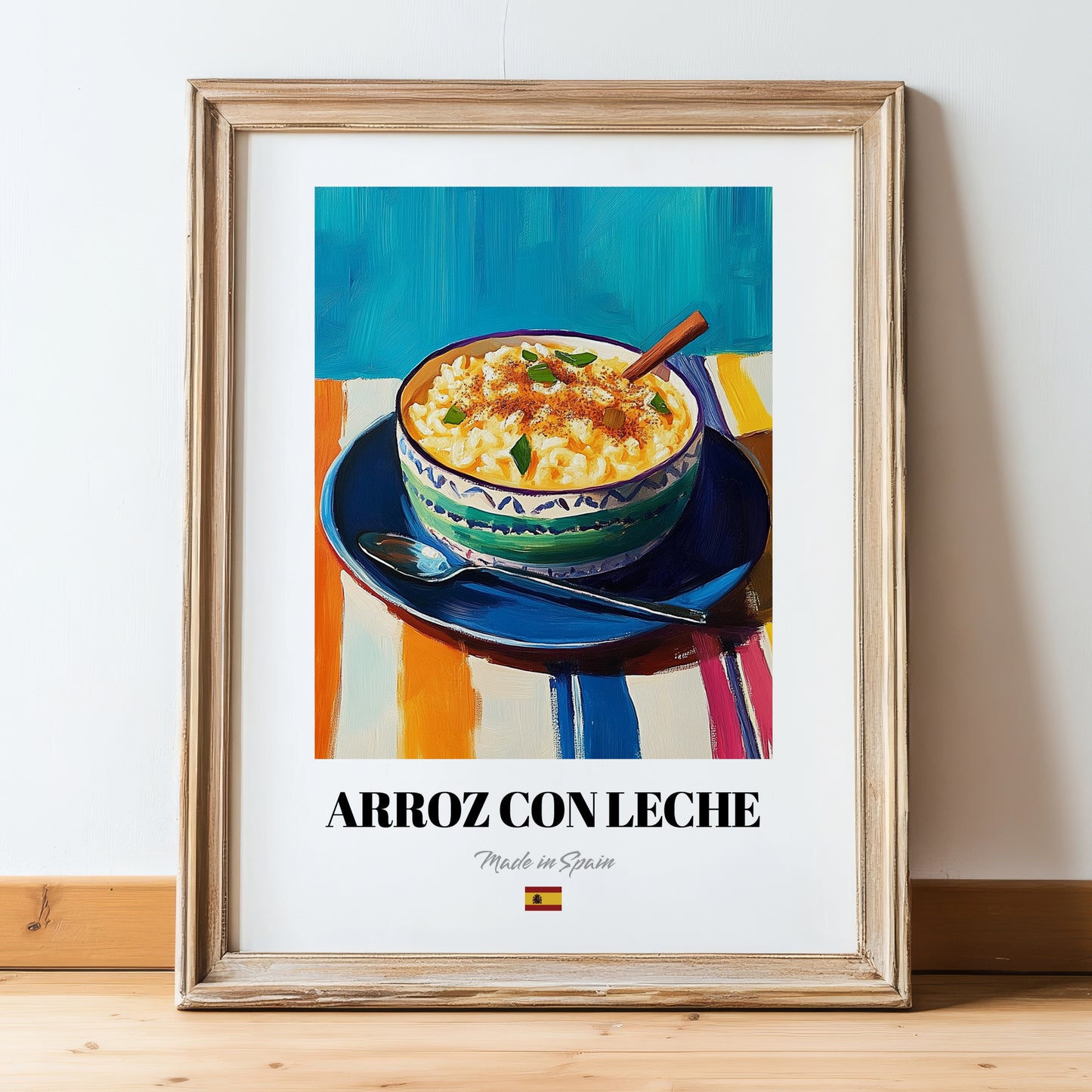 Arroz con Leche – Art, Spanish Dessert Painting, in wooden frame leaning on the floor
