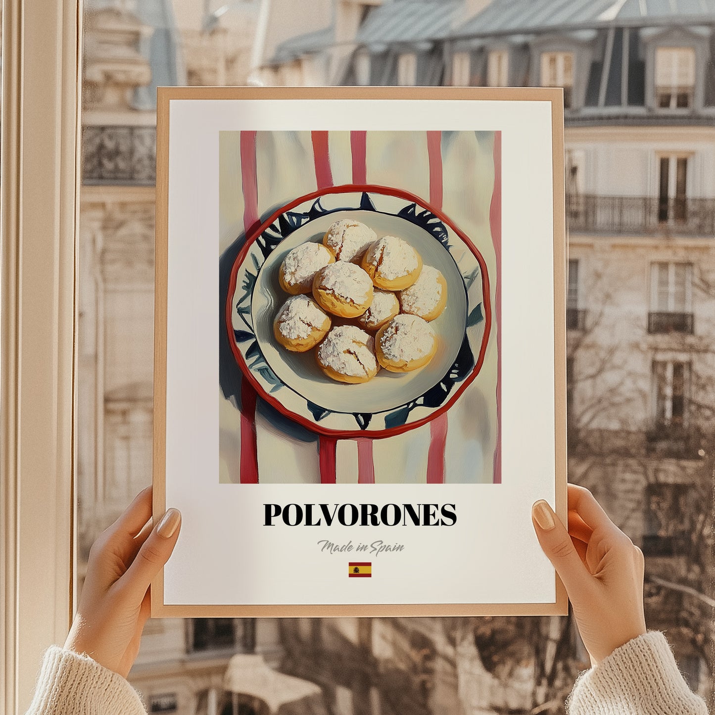 Polvorones – on Striped Tablecloth, Spanish Dessert Wall Art, styled in a charming Paris street view