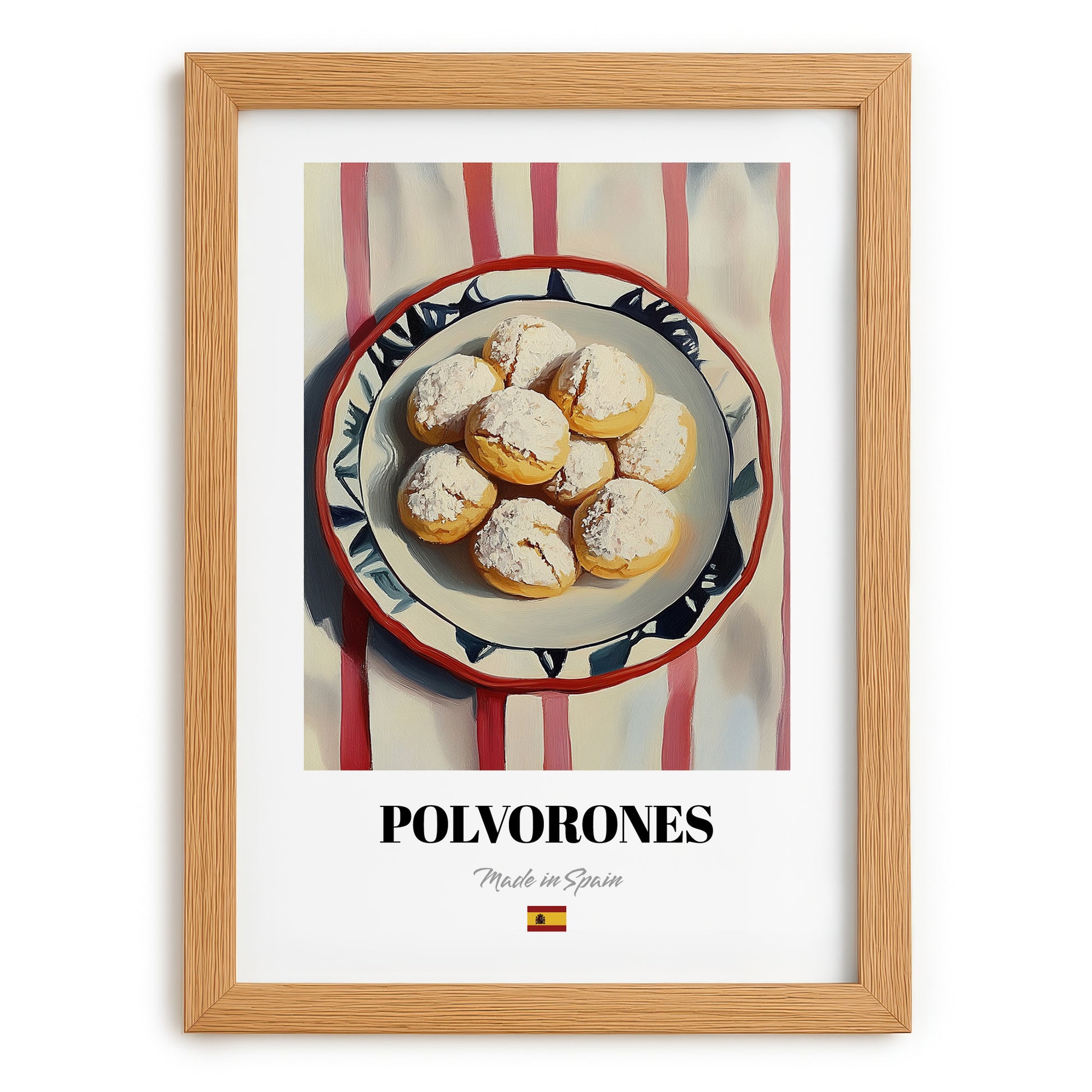 Polvorones – on Striped Tablecloth, Spanish Dessert Wall Art, set in oak frame