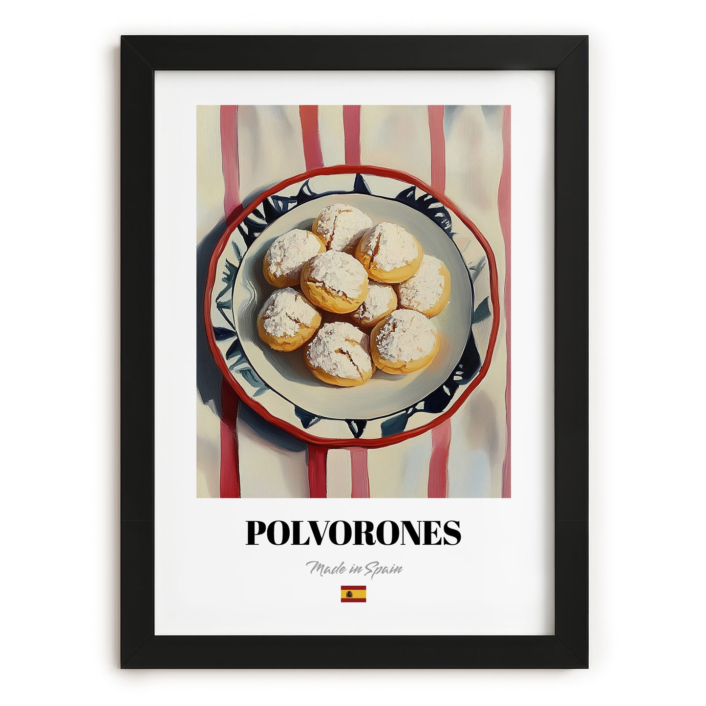 Polvorones – on Striped Tablecloth, Spanish Dessert Wall Art, in sleek black frame