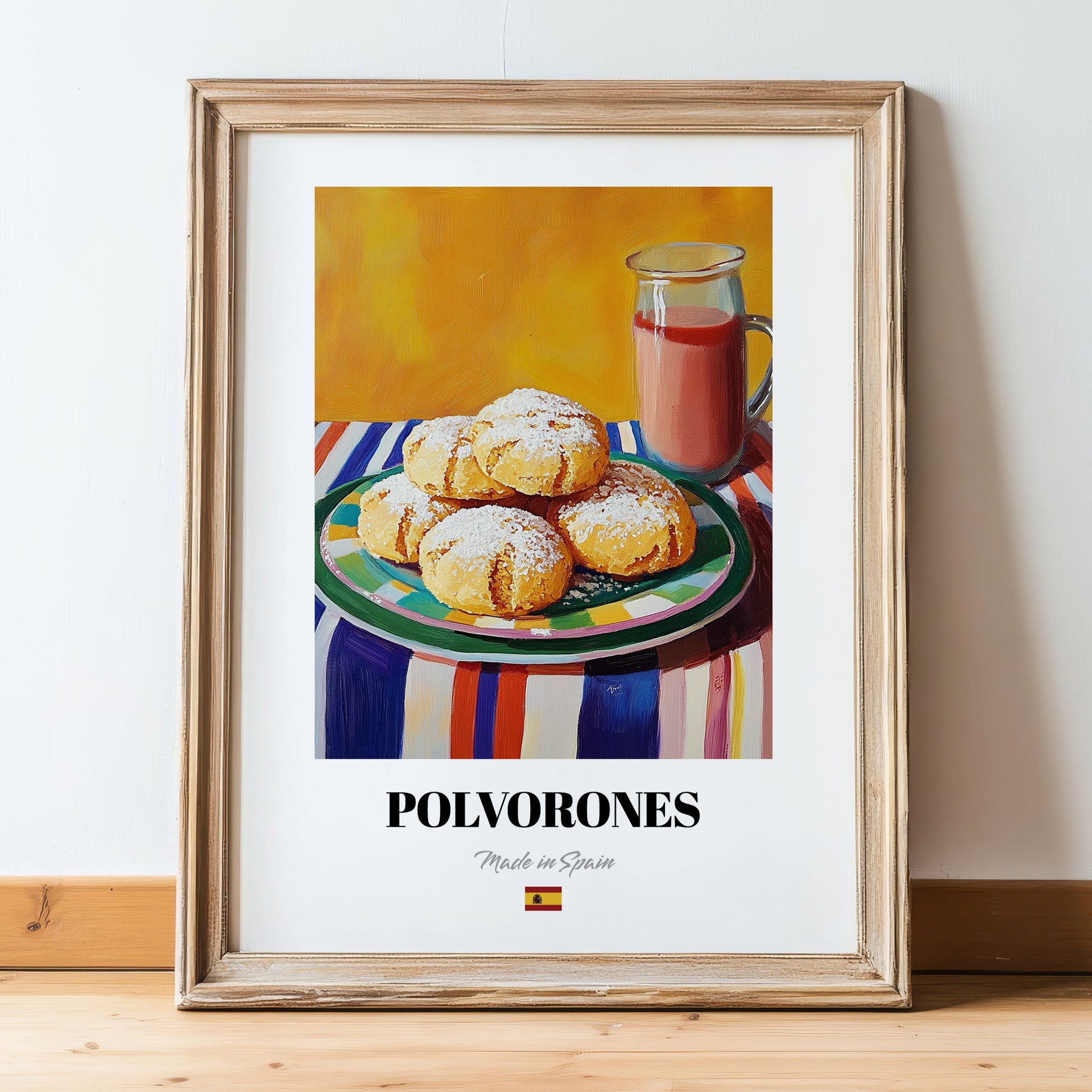 Polvorones – Colorful Oil Painting, Spanish Dessert Wall Illustration, in wooden frame leaning on the floor