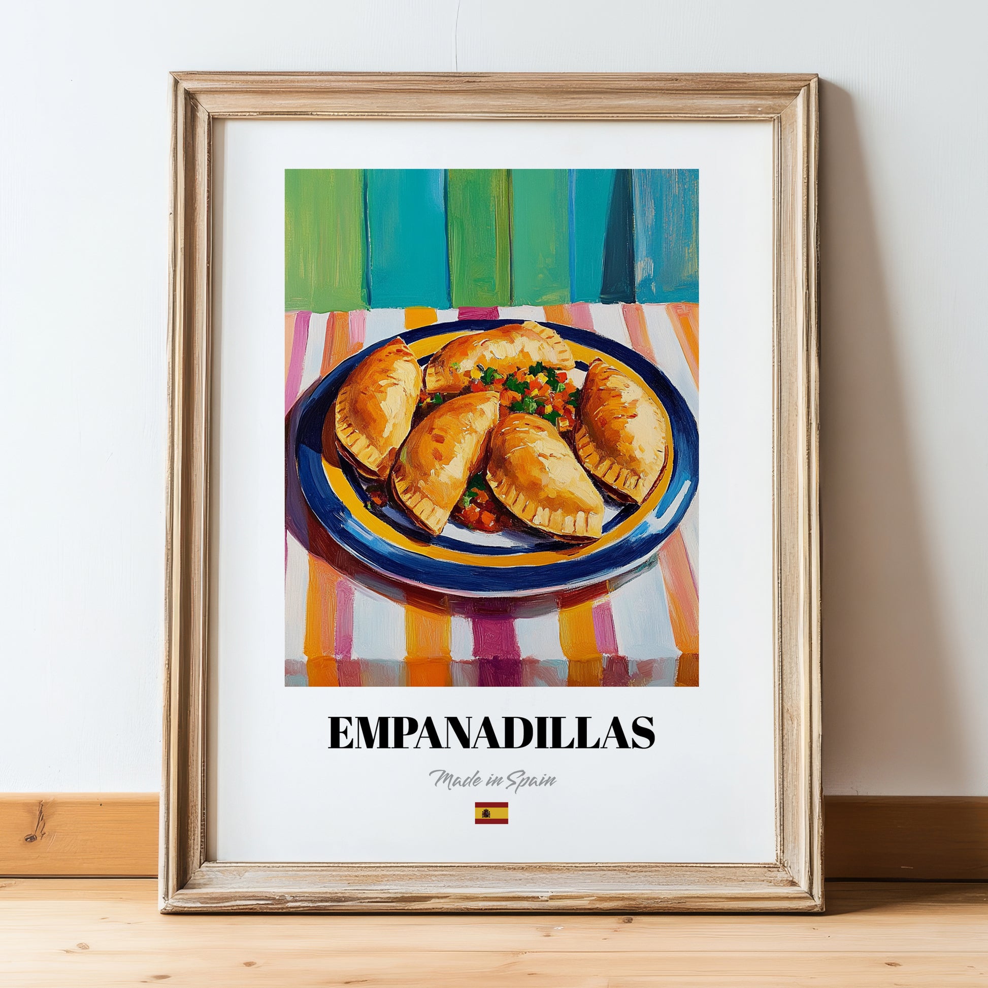 Empanadillas – Colorful Oil Painting, Spanish Pastry Illustration, in wooden frame leaning on the floor