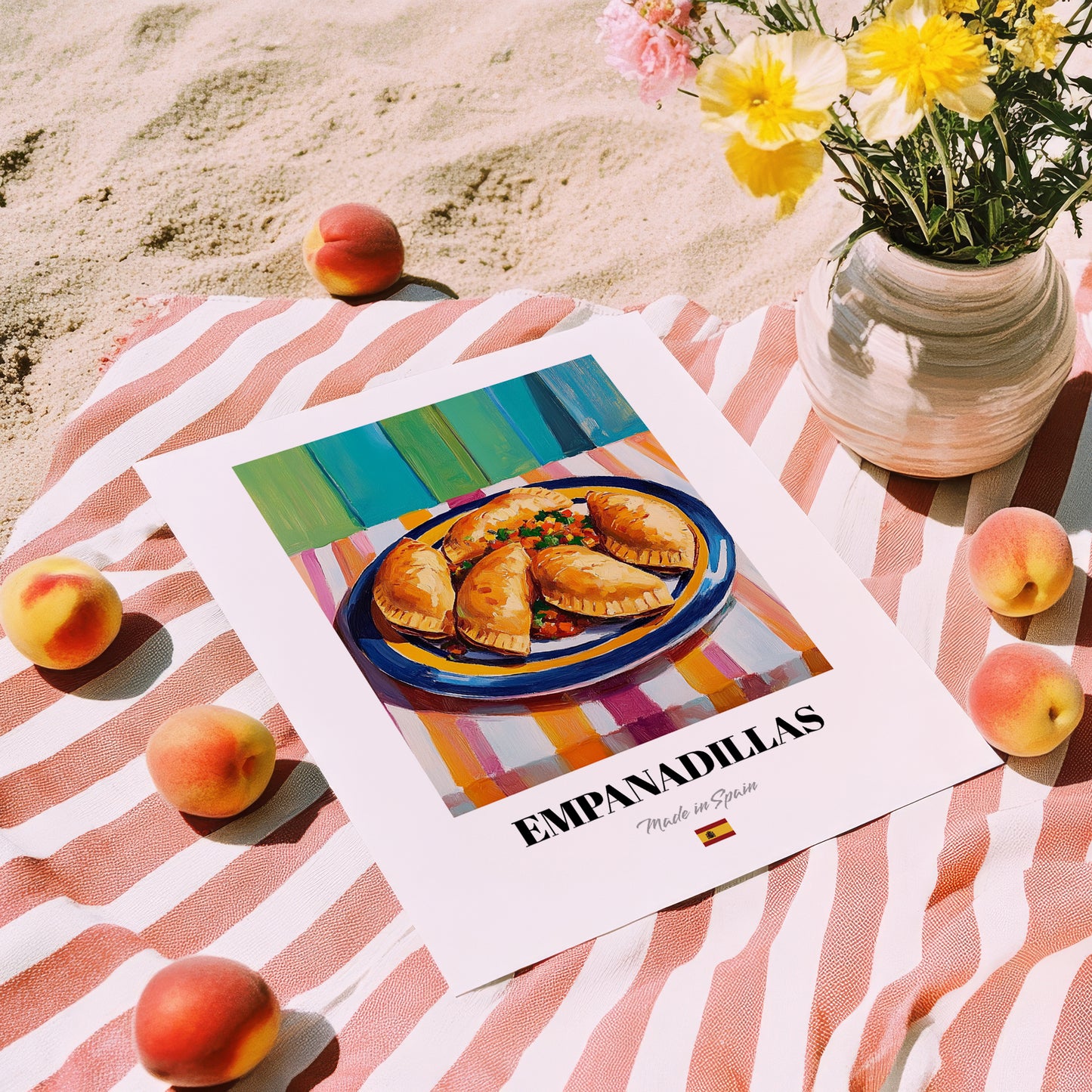 Empanadillas – Colorful Oil Painting, Spanish Pastry Illustration, unframed on coastal sand