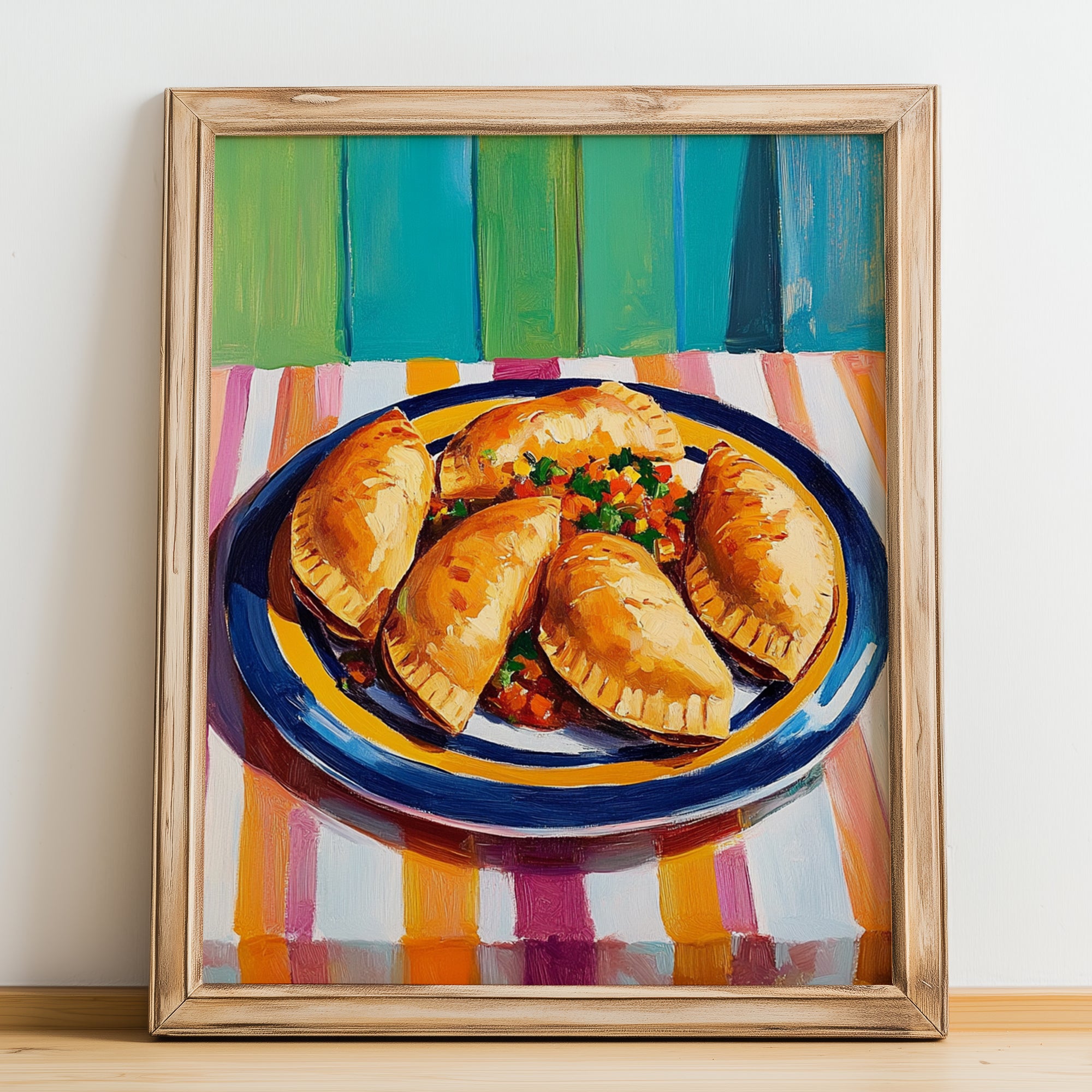 Empanadillas – Colorful Oil Painting, Spanish Pastry Illustration, no-text version framed in wood