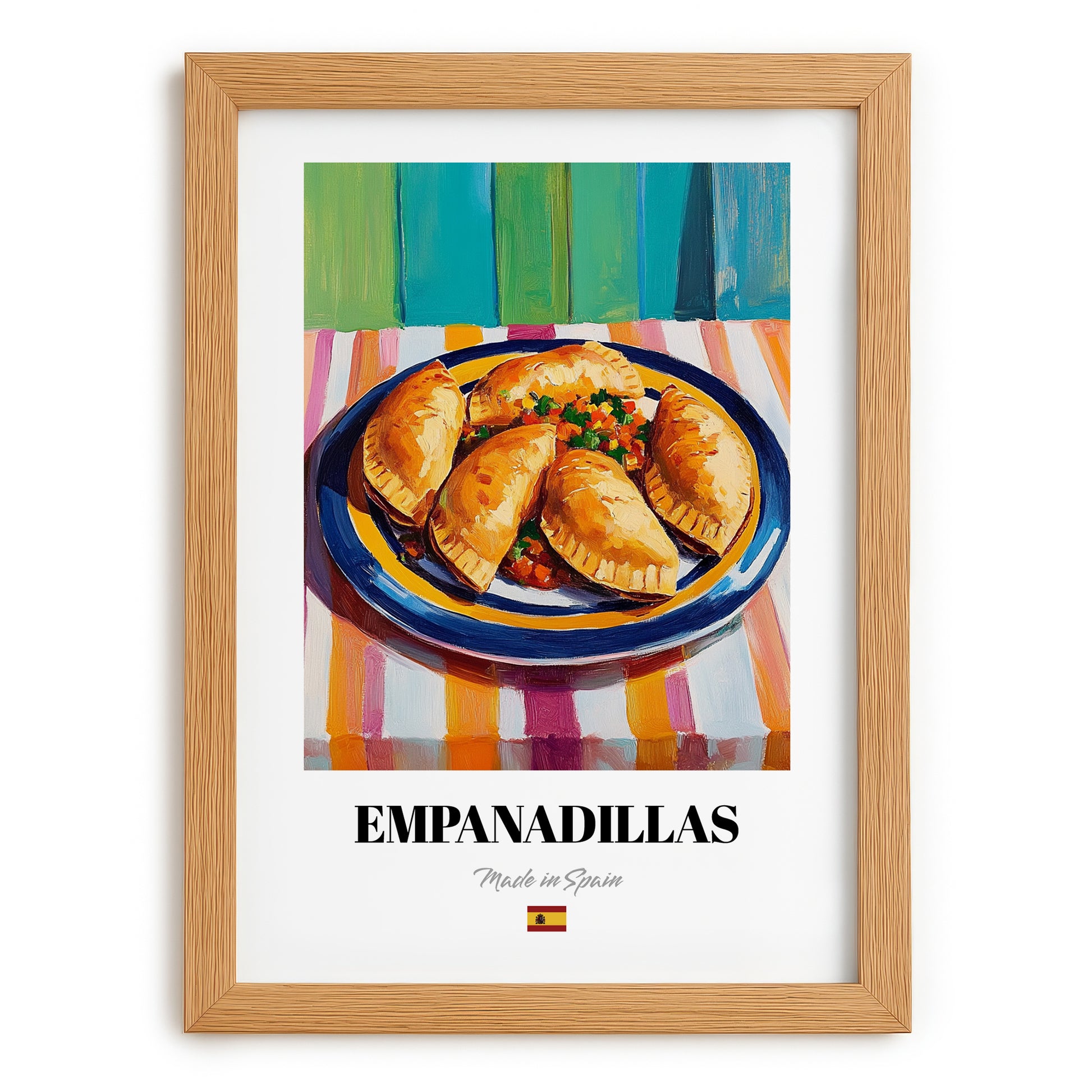 Empanadillas – Colorful Oil Painting, Spanish Pastry Illustration, set in oak frame
