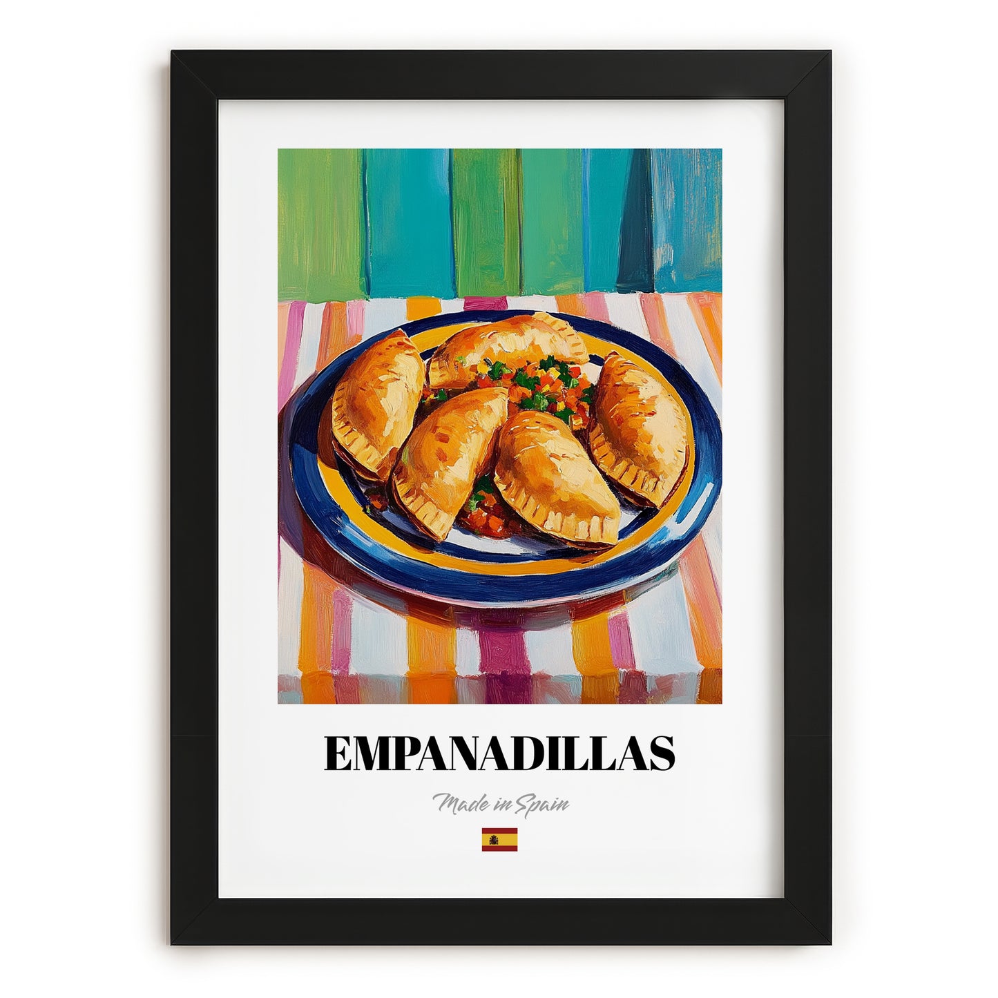 Empanadillas – Colorful Oil Painting, Spanish Pastry Illustration, in sleek black frame